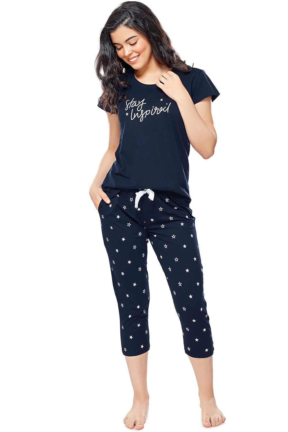 ZEYO Women’s Cotton Star Printed Night Suit Set – Top & Capri – 5235 | Buy Online