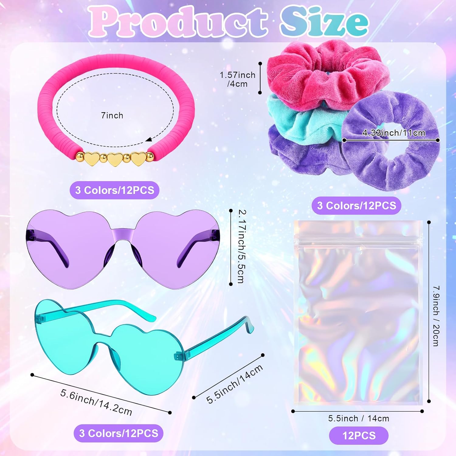 XunYee 48 Pcs Kpop Party Favors Friendship Party Gifts Set Includes Velvet Hair Scrunchies Friendship Bracelets Heart Sunglasses Holographic Gift Bag for Kpop Fans Women(Modern)