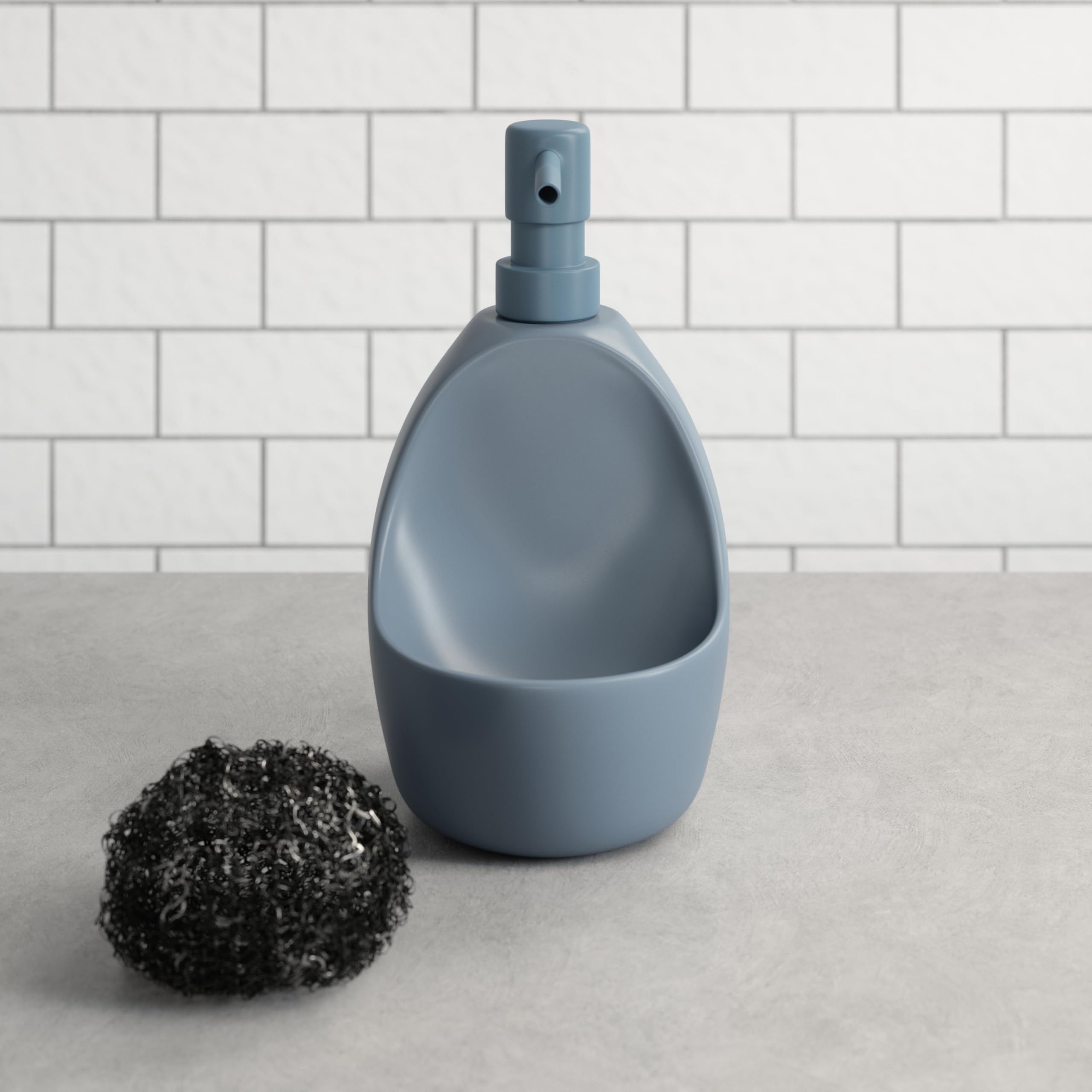 Umbra Joey Ceramic Liquid Soap Dispenser with Sponge Caddy, Ideal for Kitchen or Bathroom Use Slate Blue, 590ml - Image 4