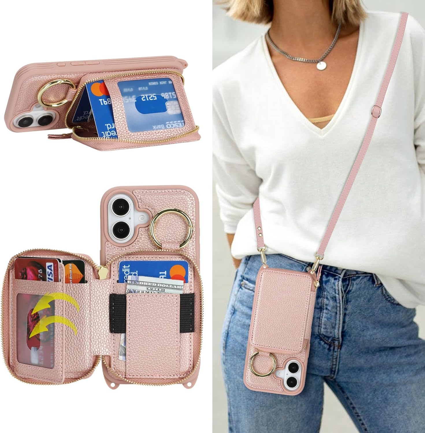Jaorty Crossbody Wallet Case for iPhone 17 with Shoulder Stap,Finger Ring, PU Leather Zipper Handbag Purse Flip Cover, Kickstand Folio Case with Card Slots Holder 5G 6.3 Inch, Rosegold