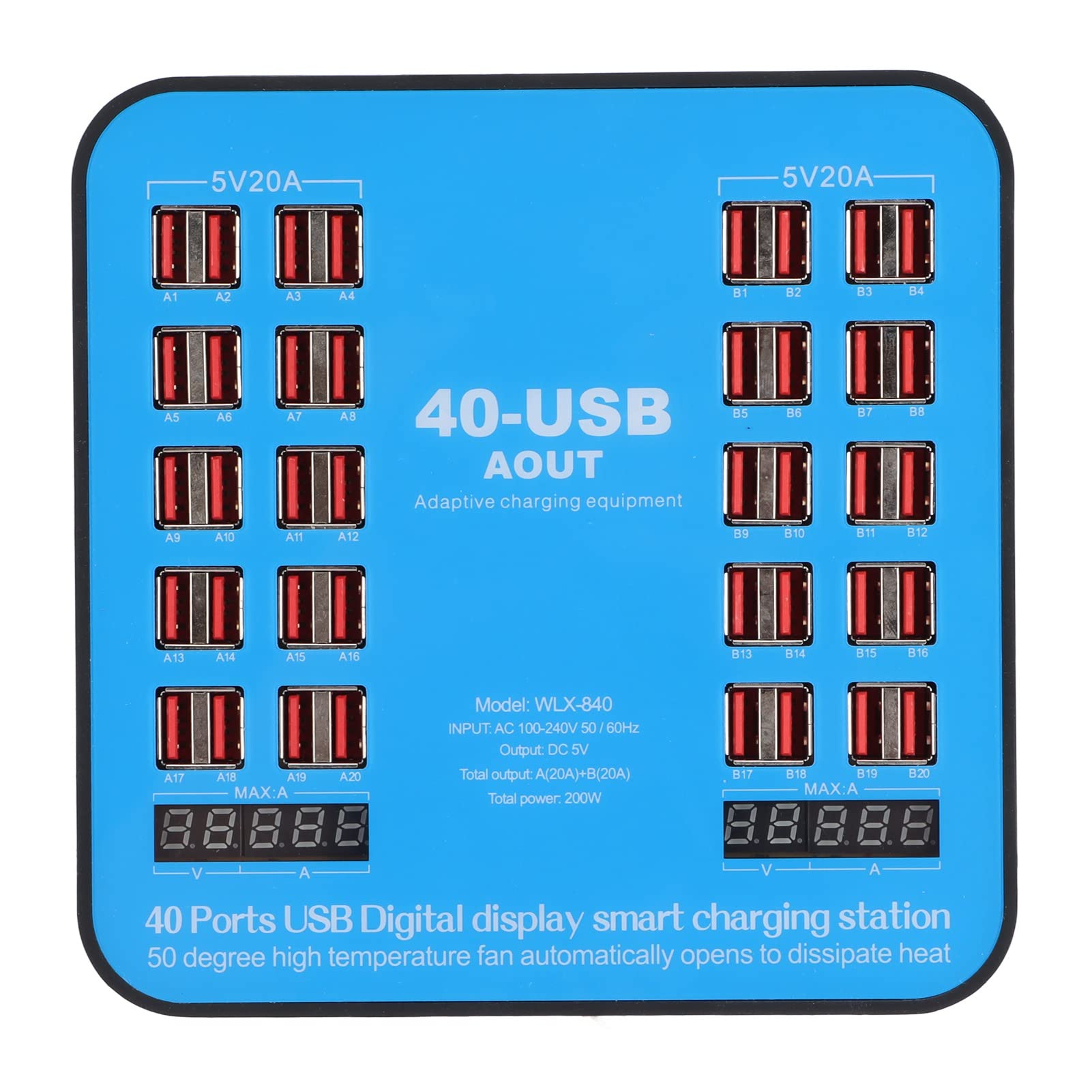 CCYLEZ Stazione di Ricarica USB Multiporta, Hub di Ricarica WLX‑840 con 40 Porte e Display Digitale LCD, Caricatore Multiporta da 200 W per Tablet Cellulare(Spina UE)