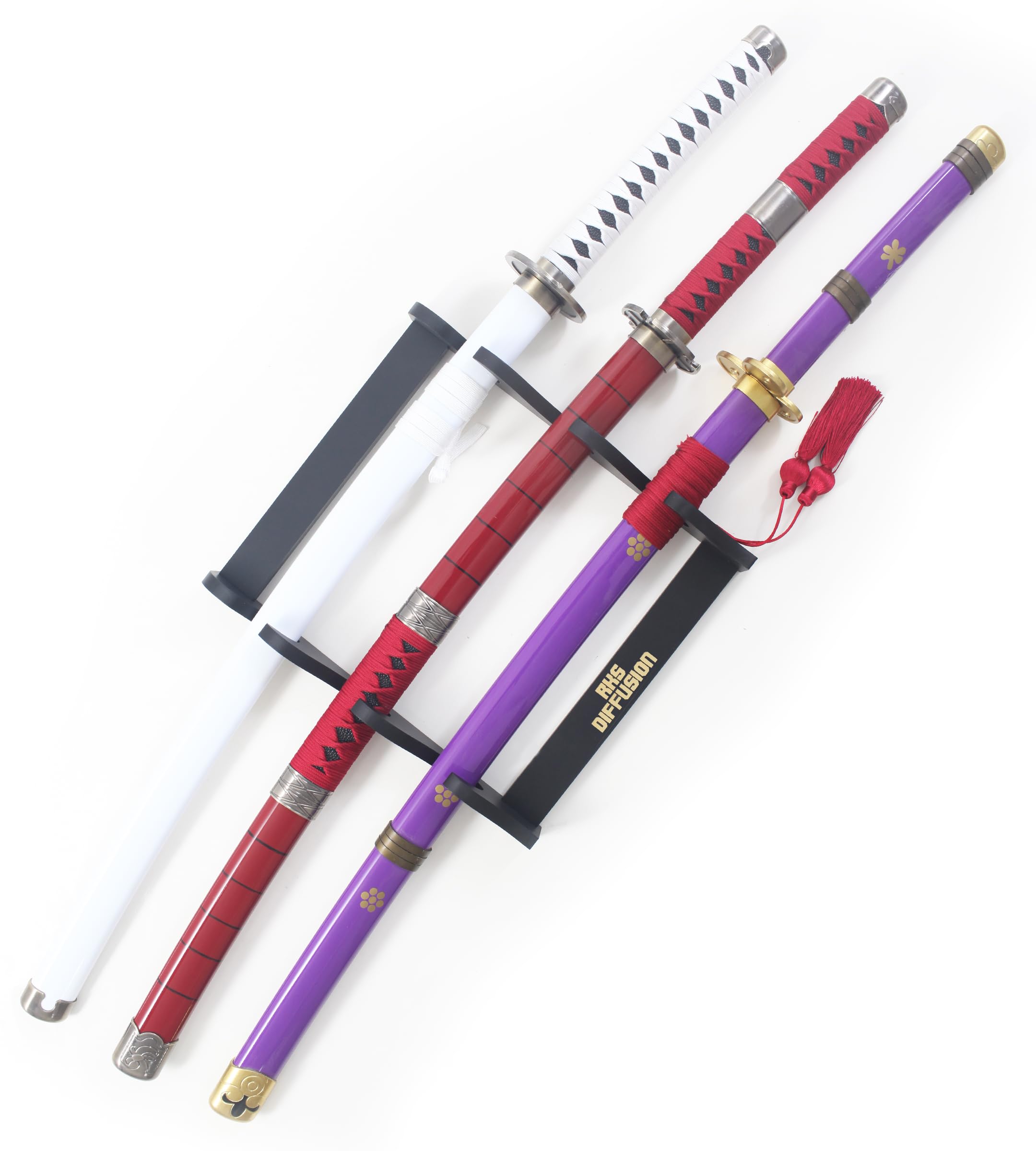 Pack 3 Katanas One Piece en Bois - Lame Zoro Sabre Epee Enma Wado Kitetsu - Cosplay Camping + Présentoir