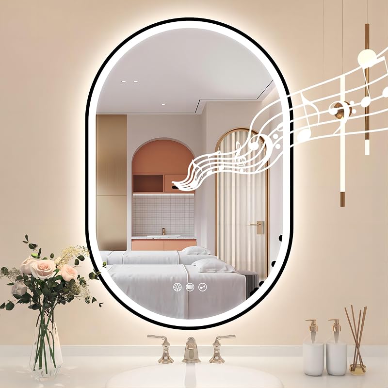 STARLEAD Ovális LED Fürdőszobai Tükör 90x60 cm - Bluetooth Hangszóróval, Fényerőszabályzással, 3 Színhőmérséklettel, Páramentesítővel, Feket