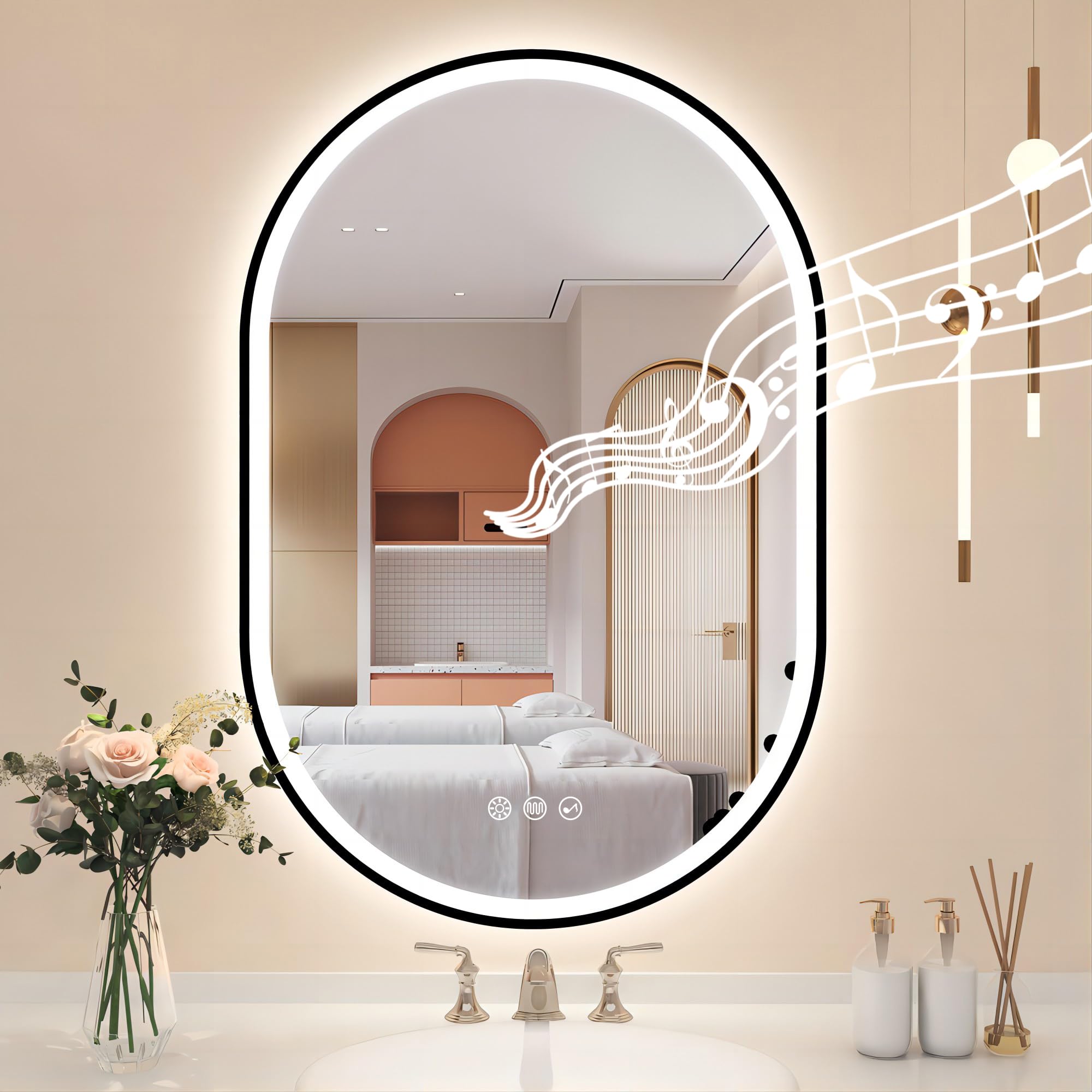 STARLEAD Espejo-Baño-Ovalado-con-Luz 90x60 cm, Espejo-Baño-LED-Bluetooth, Antivaho, Regulable, 3 Colores Luz, Función Memoria, IP44 Vidrio Templado Espejo-LED, Horizontal/Vertical, Pintura Negro
