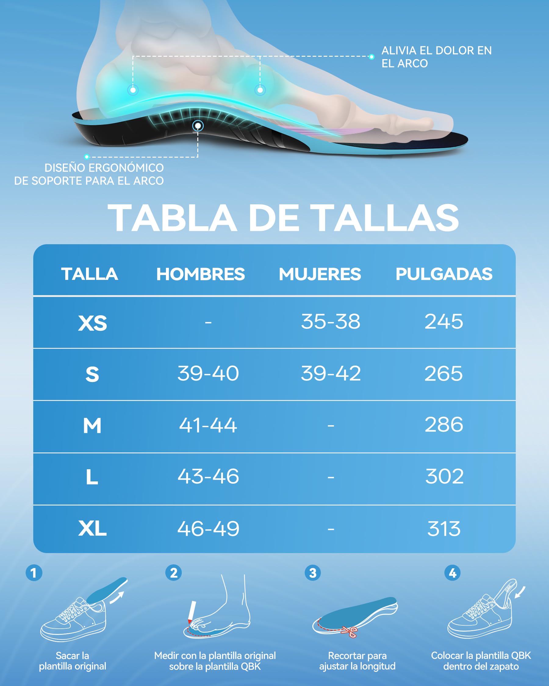 Plantilla Espolón Calcáneo QBK, Plantillas de GEL para Fascitis Plantar, Arco Alto, Pie Plano, XS