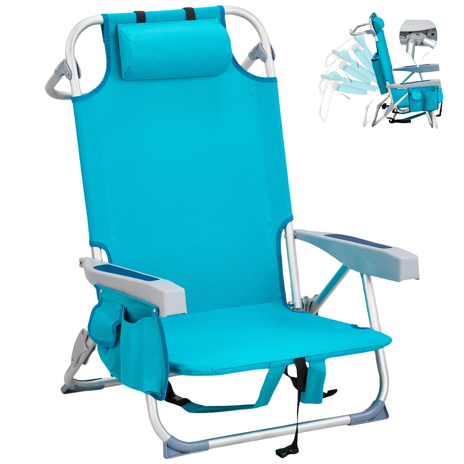 WISLAS Folding Low Backpack Beach Chair 5-Position with Headrest & Cup Holder - Portable Aluminum Reclining Camping Chair with Storage Bags,