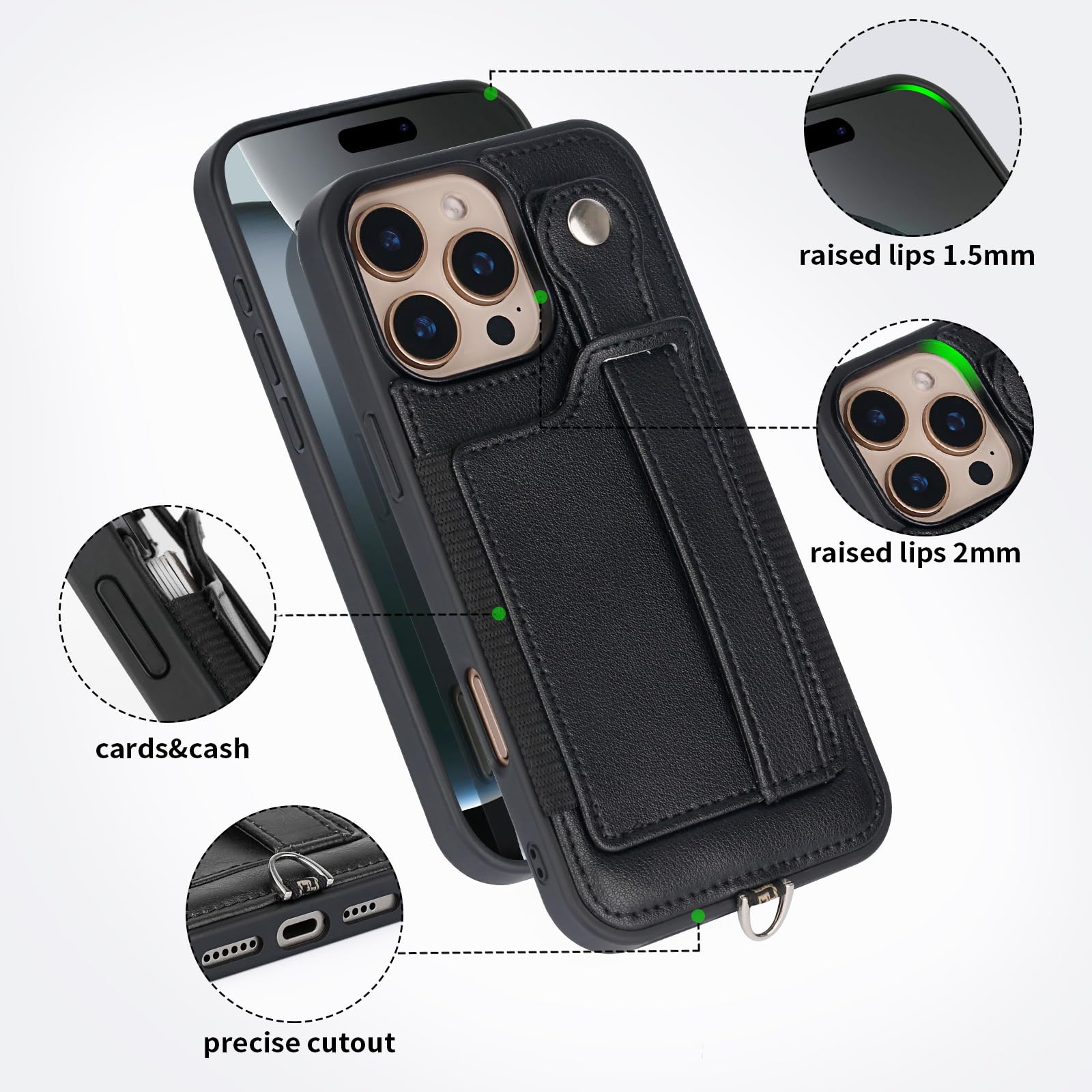 Wallet Case For IPhone 16 Pro With Card Holder, Wrist Strap & Kickstand - Leather Look, Shockproof Cover (6.3")