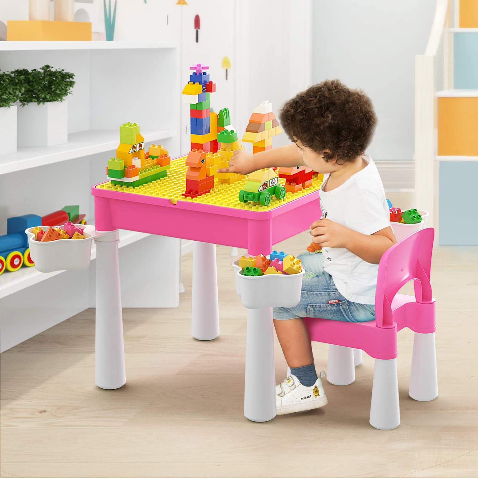 burgkidz Juego de Mesa y Silla Infantil, Mesa de Actividades Construccion y Silla con 128 Piezas Juguetes de Creativos Grandes Clásicos para Niñas, Rosa