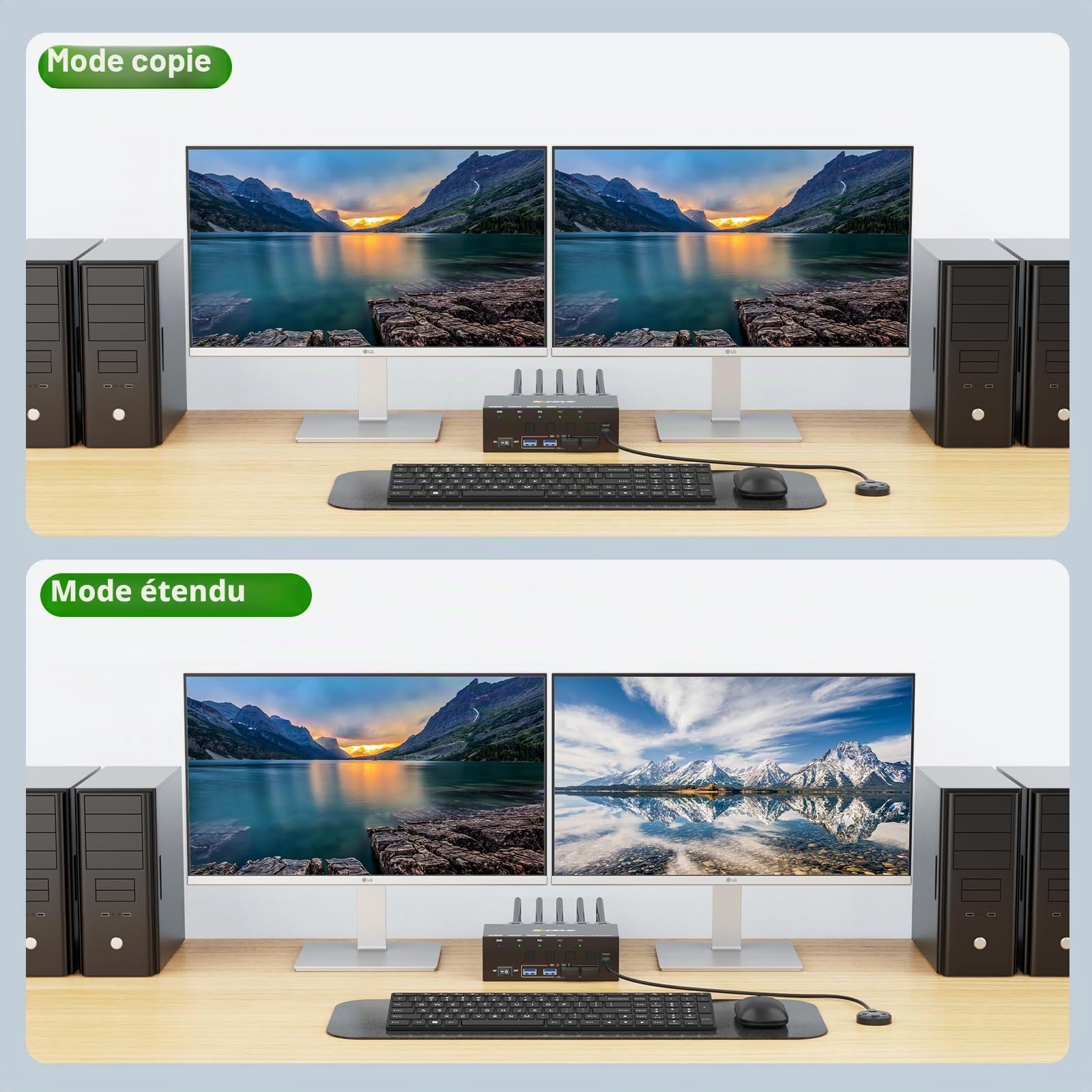 Commutateur KVM 2 Moniteurs 4 PC, KCEVE 8K@60Hz, 4K@144 Hz USB 3.0 HDMI Commutateur KVM avec Émulateur EDID pour 4PC Partager Souris Clavier et Moniteur, puce stable, haute compatibilité