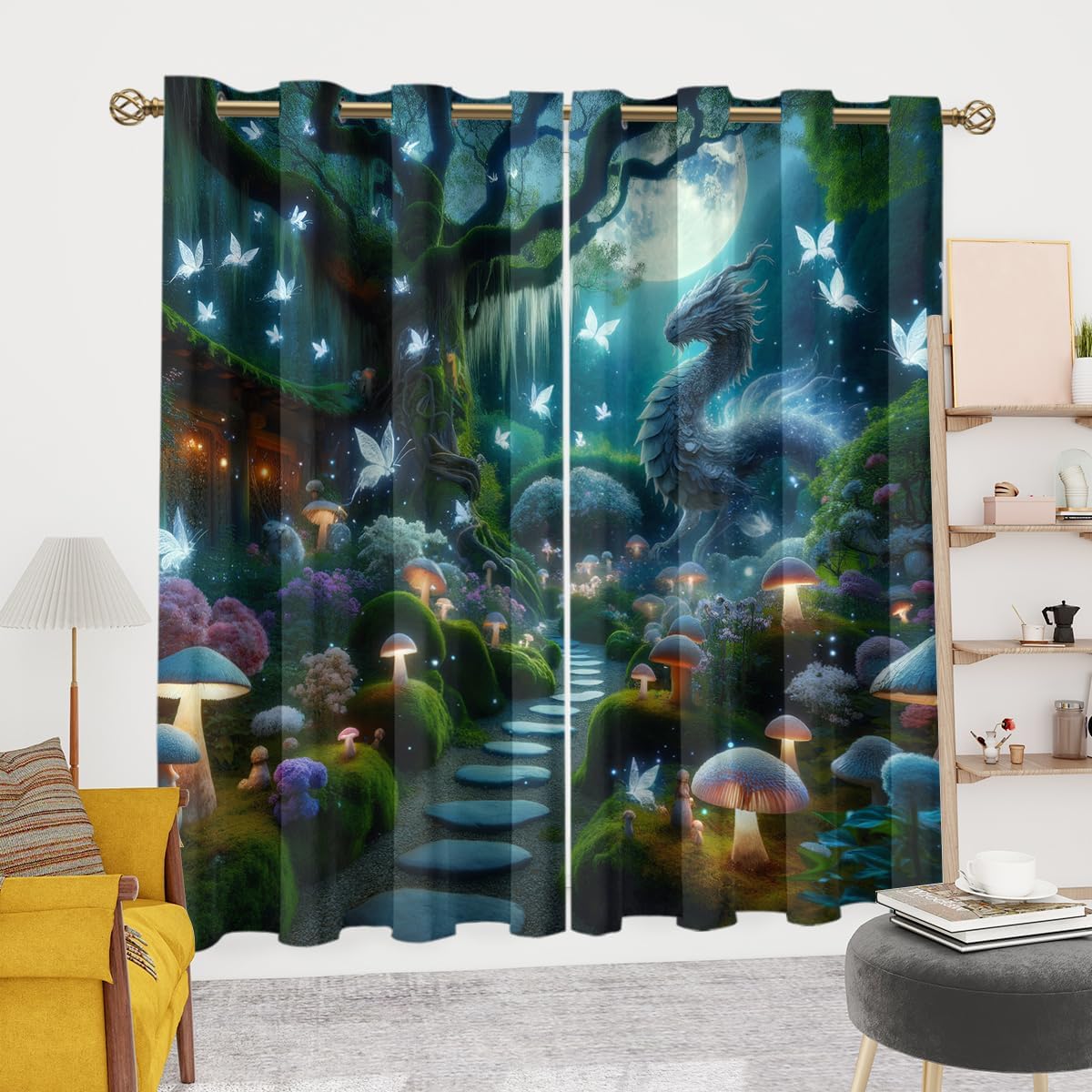 Fantasy Enchanted Forest Dragon Curtains,Fairytale Forest Spring Garden Mushrooms Butterflies Window Curtains Thermal Insulated Grommet Blackout Curtains for Bedroom 45L x 21W 2 Panels