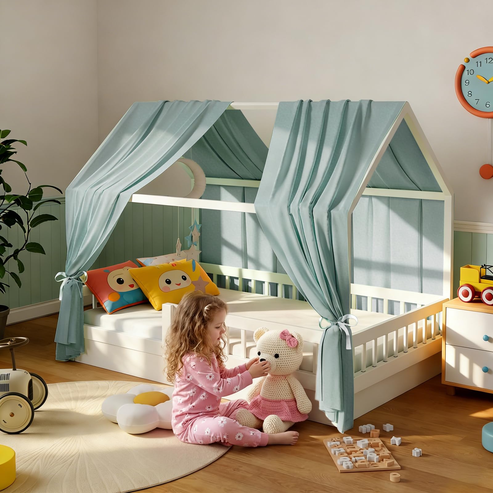 KVALY House Bed Canopy for Girls - Spring-Ale Fabric Soft Kids Bed Canopies Curtains Nursery Decorations for Children, 2 Panels Set (No Blackout, Decorations Not Included), Green