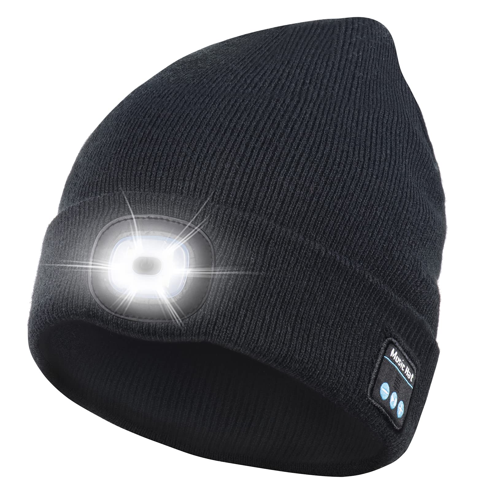 JouryvueBluetooth Beanie Hat with Light & Headphones Unisex Winter Knitted Cap with Headlamp Tech Gift for Men Women Dad Husband Black
