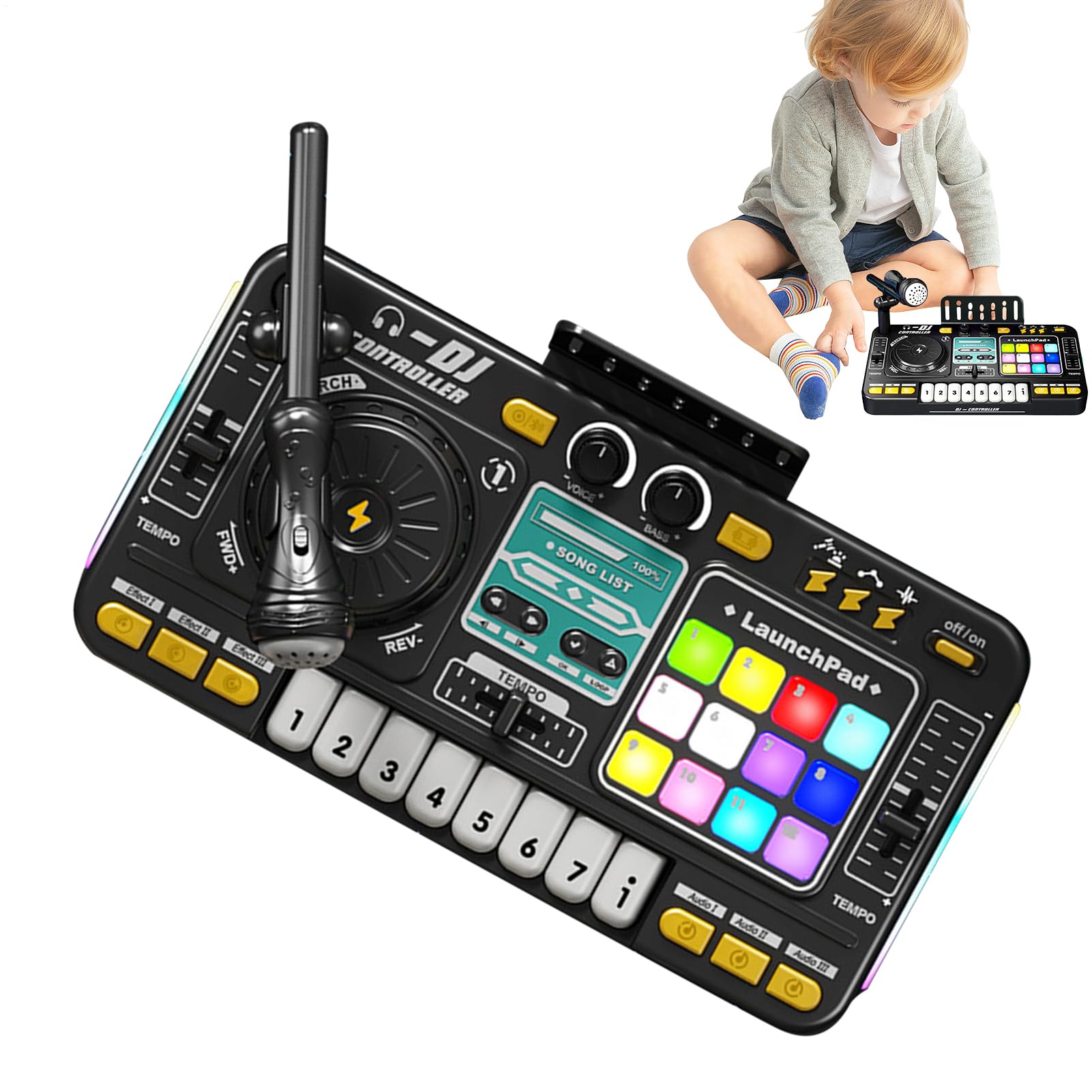 Piano DJ para Niños - Teclado De Mezclador De Juguetes, Consola De Música | Mesa De Audio Eléctrica Iluminada para Viajes, Musical De Carga USB con Micrófono Y Efectos De Sonido para El Aprend