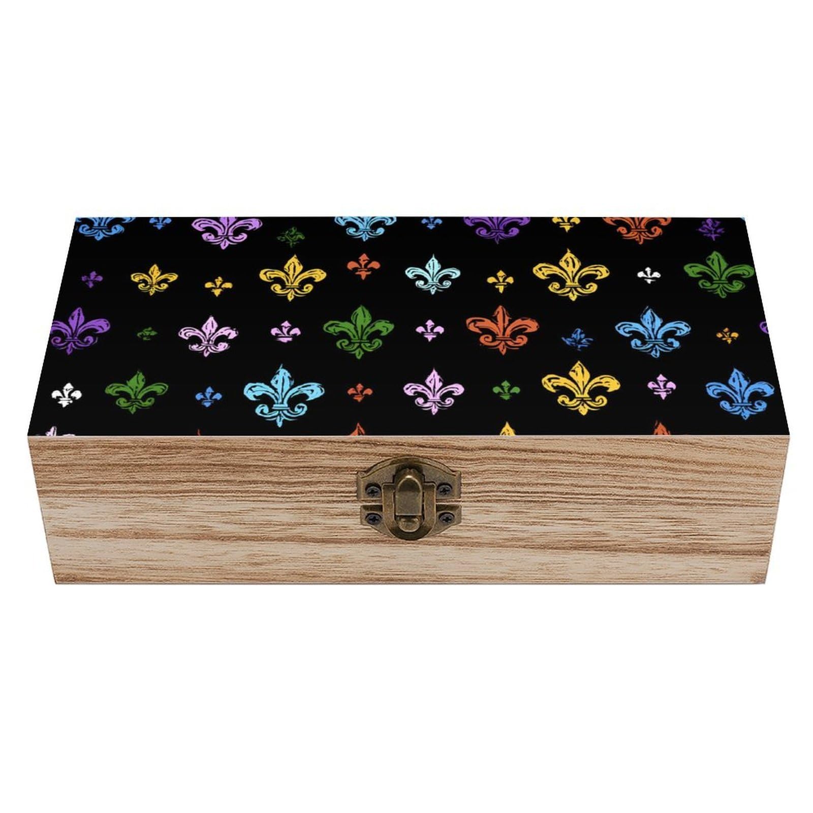 HLBSDM Mardi And Gras Fleur De Lis Wooden Box with Hinged Lid Decorative Storage Case Container