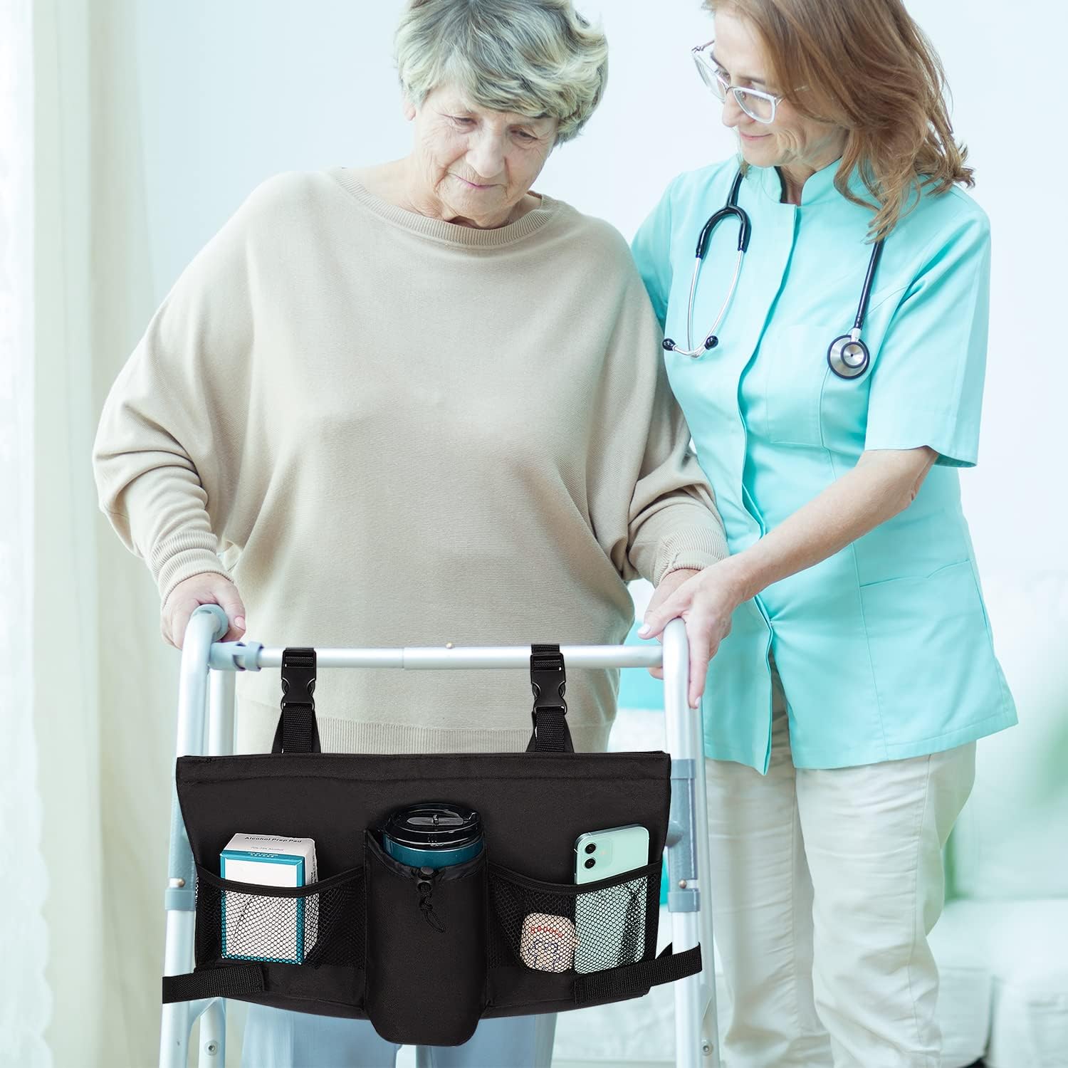 supregear Walker Bag, Foldable Walker Accessories Basket Organizer Pouch Tote with Detachable Preserve Heat Compartment for Walker Rollator Wheelchair Scooters, Easy Access to Zipper Pocket, Black : Health & Household