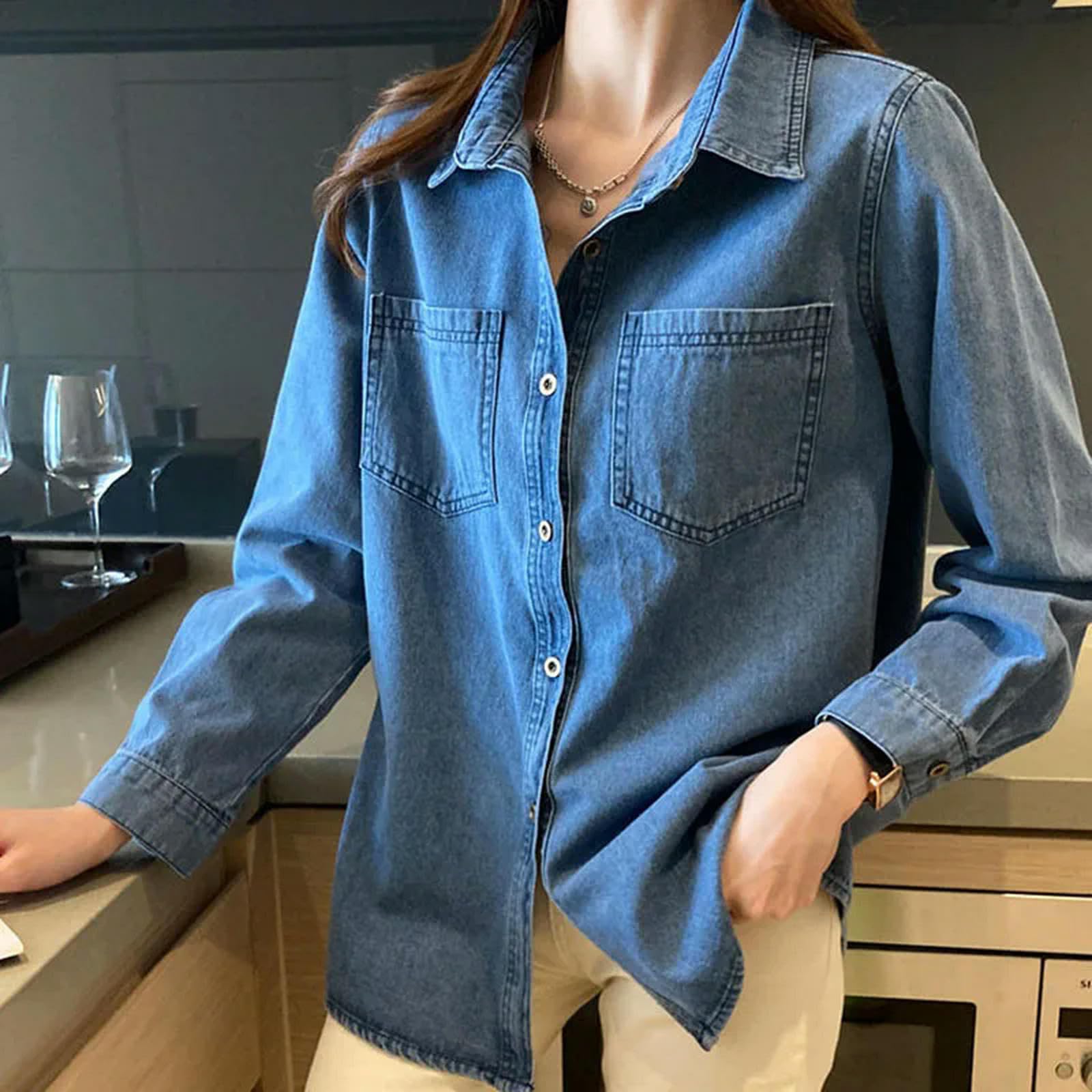 Giacca Uomo Camicie in Denim Blu Intenso per Donne Bottoni Primaverili Camicia A Maniche Lunghe