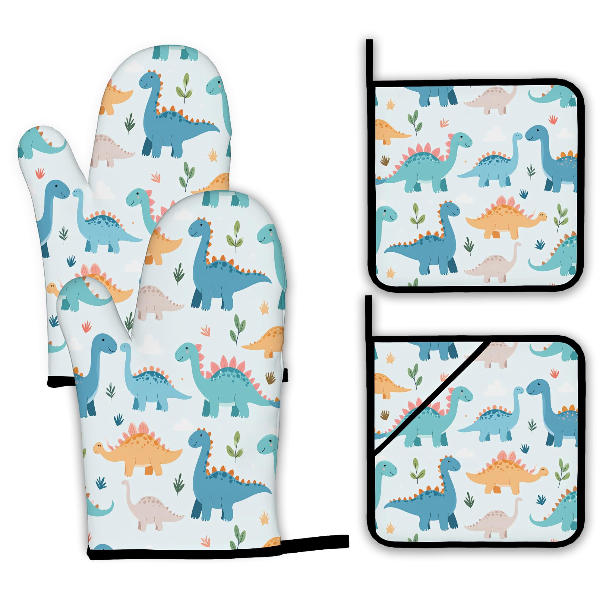 Cute Dinosaur Oven Mitts and Pot Holders,Heat Resistant Oven Mitts Gloves and Pot Holder for Home Kitchen Decorations Cooking Baking BBQ Gifts,Set of 4