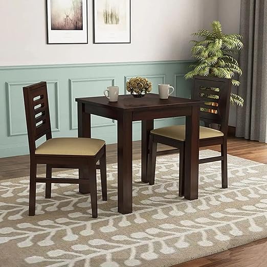 Solid Sheesham Wood 2 Seater Dining Table Set with Cushioned Chairs for