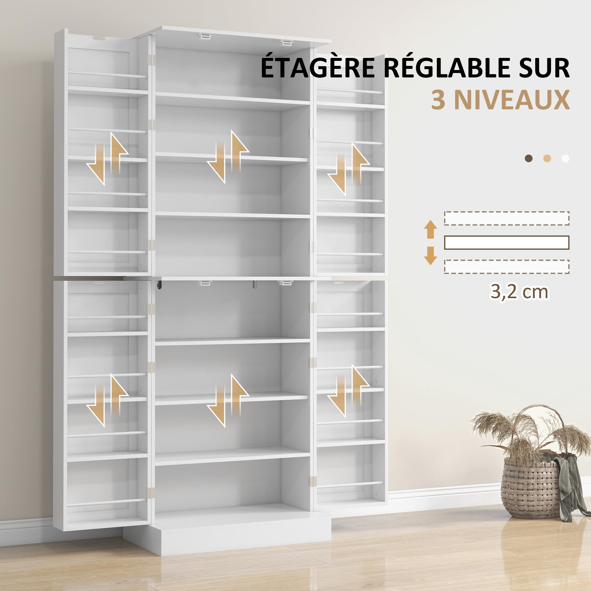 HOMCOM Küchenschrank, Sideboard, Küche, Geschirr, Aufbewahrungsschrank, moderner Stil, mit Schränken, verstellbarem Regal und Gewürzhalter, für Esszimmer, Wohnzimmer, 60 x 35 x 166 cm, Weiß