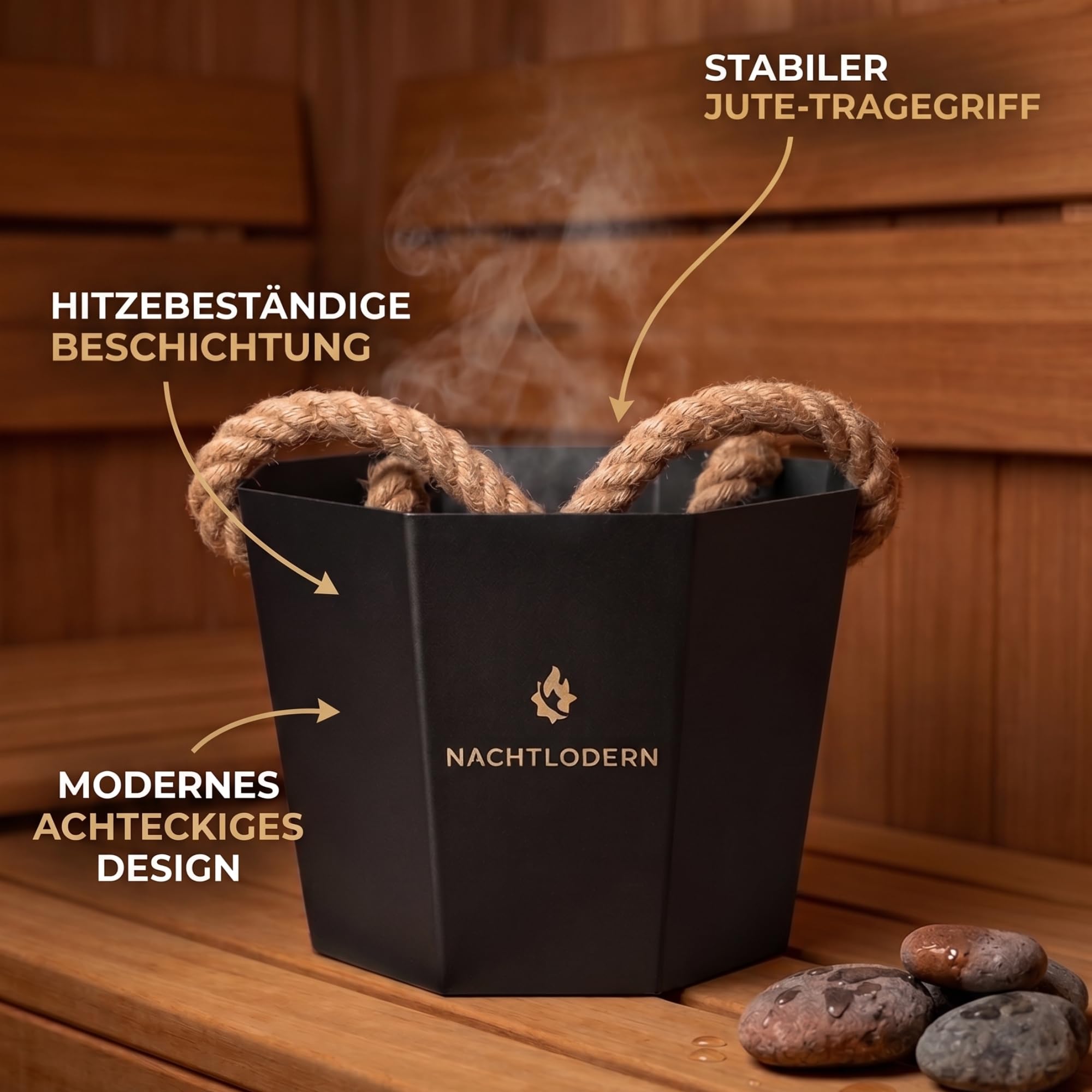 Sauna Eimer und Kelle mit Regeneffekt – Edelstahl Saunaeimer im Oktagon-Design & Saunakelle mit Regen-Funktion – Modernes Saunazubehör & Aufgusseimer Set für den perfekten Sauna Aufguss