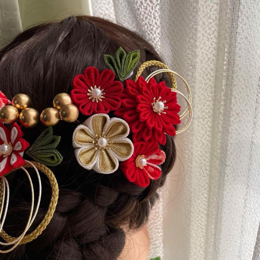 つまみ細工髪飾り 成人式 卒業式 紅白 赤 えんじ 振袖 着物 袴 晴れ着 和装
