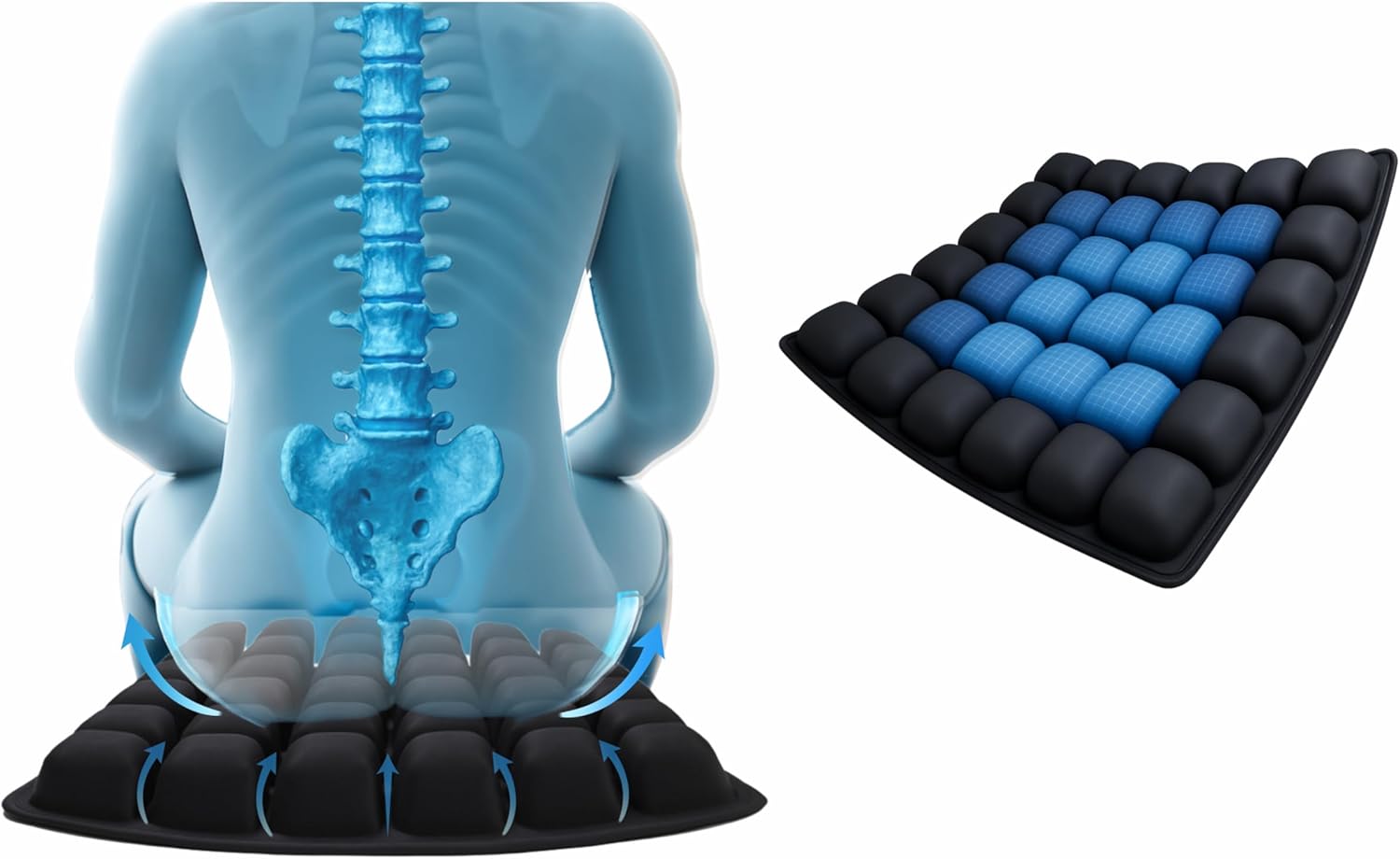 36-Cell Air Bubble Inflatable Seat Cushion with Built-in Pump - 50-100% Adjustable Firmness - 360 Breathable Cooling - TPU+Spandex, Anti-Slip Base - 42424 Portable Travel & Office Cushion