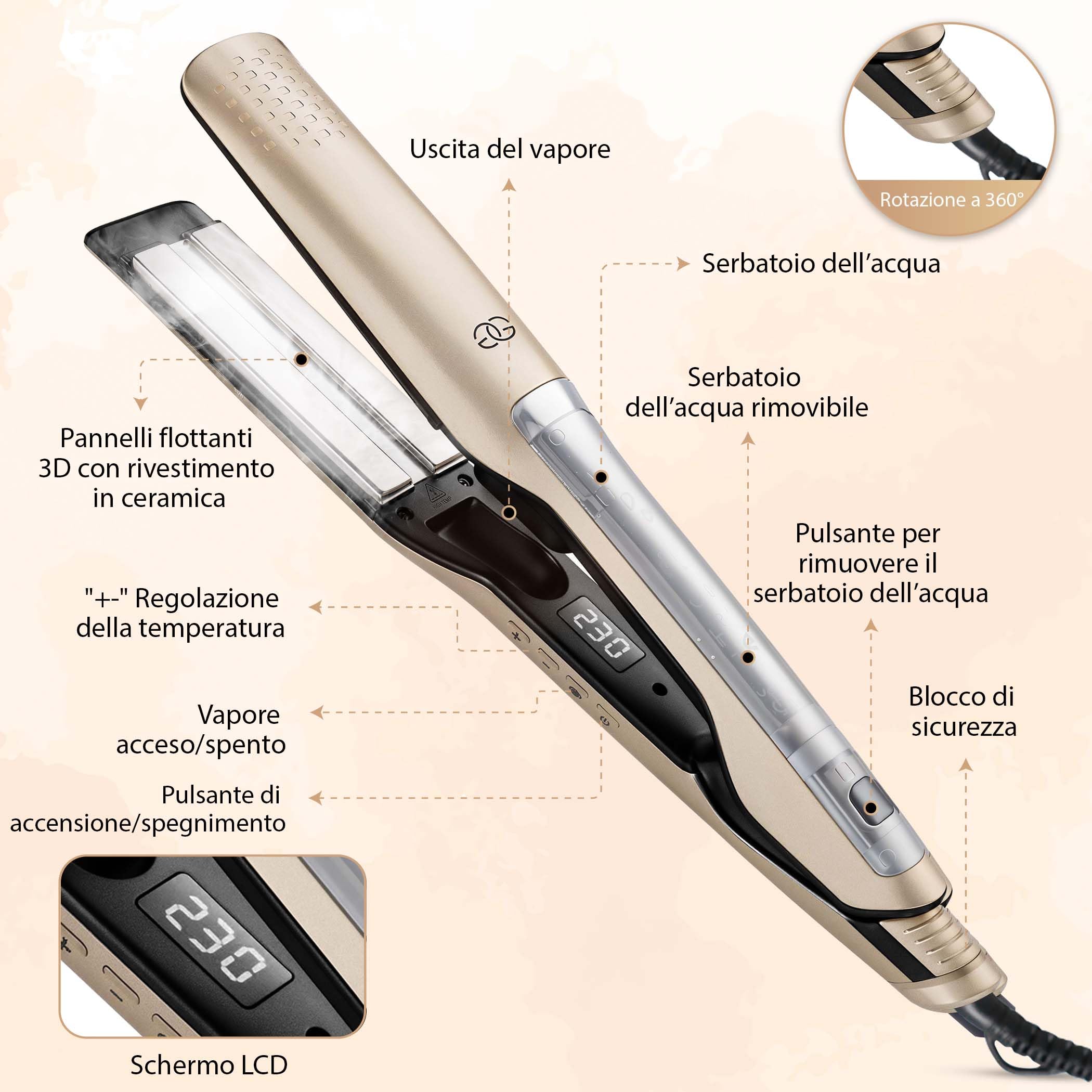 Piastra per Capelli a Vapore, Golden Goods Piastra capelli Professionale 2 in 1 Steampod, Vapore potente, Piastre Larghe, 10 temperature a 230 Gradi, Cavo 2 m