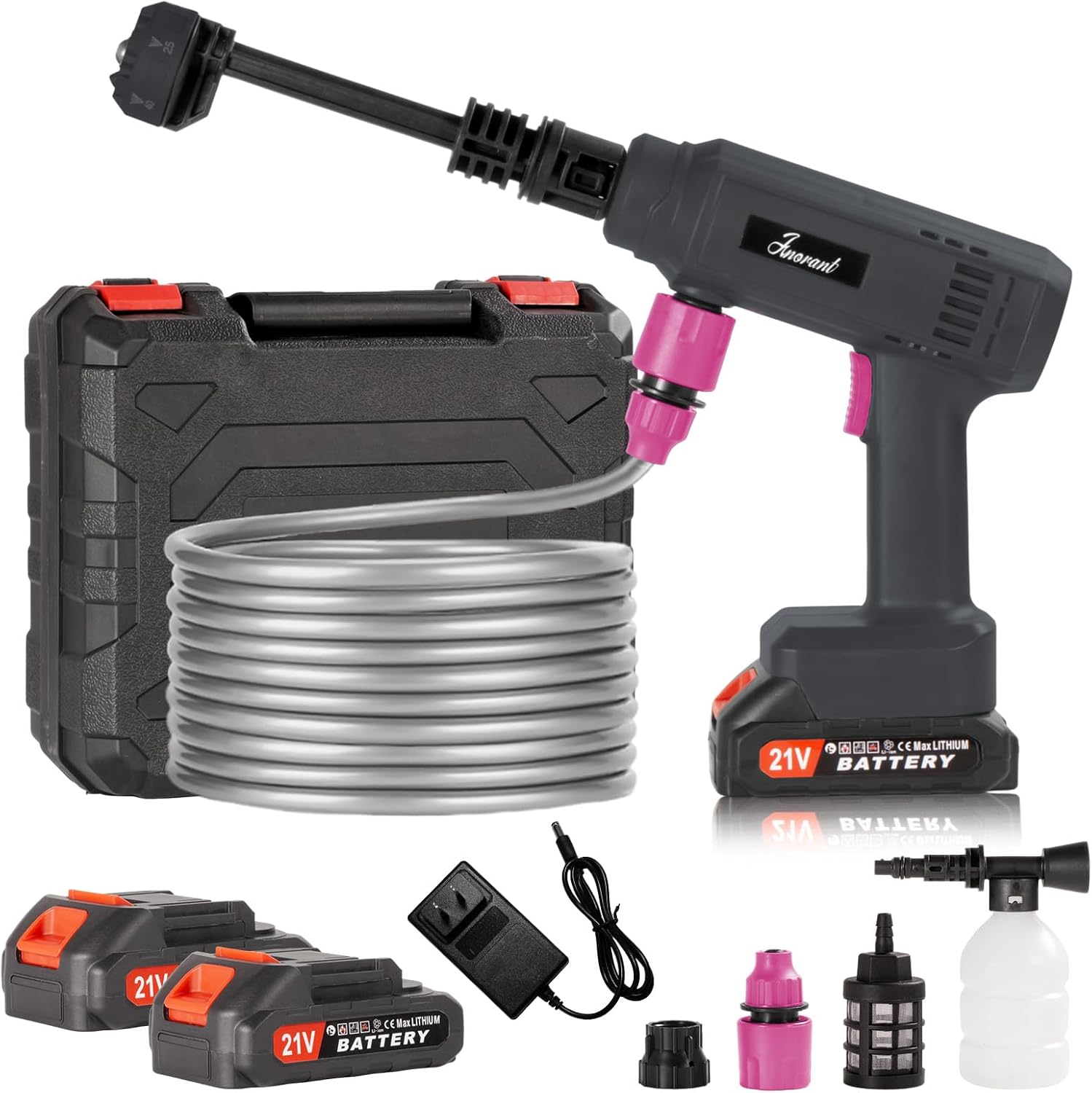 Power Washer,1200PSI Cordless Pressure Washer with 2×21V Battery&6-in-1 Multi-Function Nozzle,Portable Pressure Washer Suitable for Cleaning Vehicles, patios, Glass,and Floors (Gray)