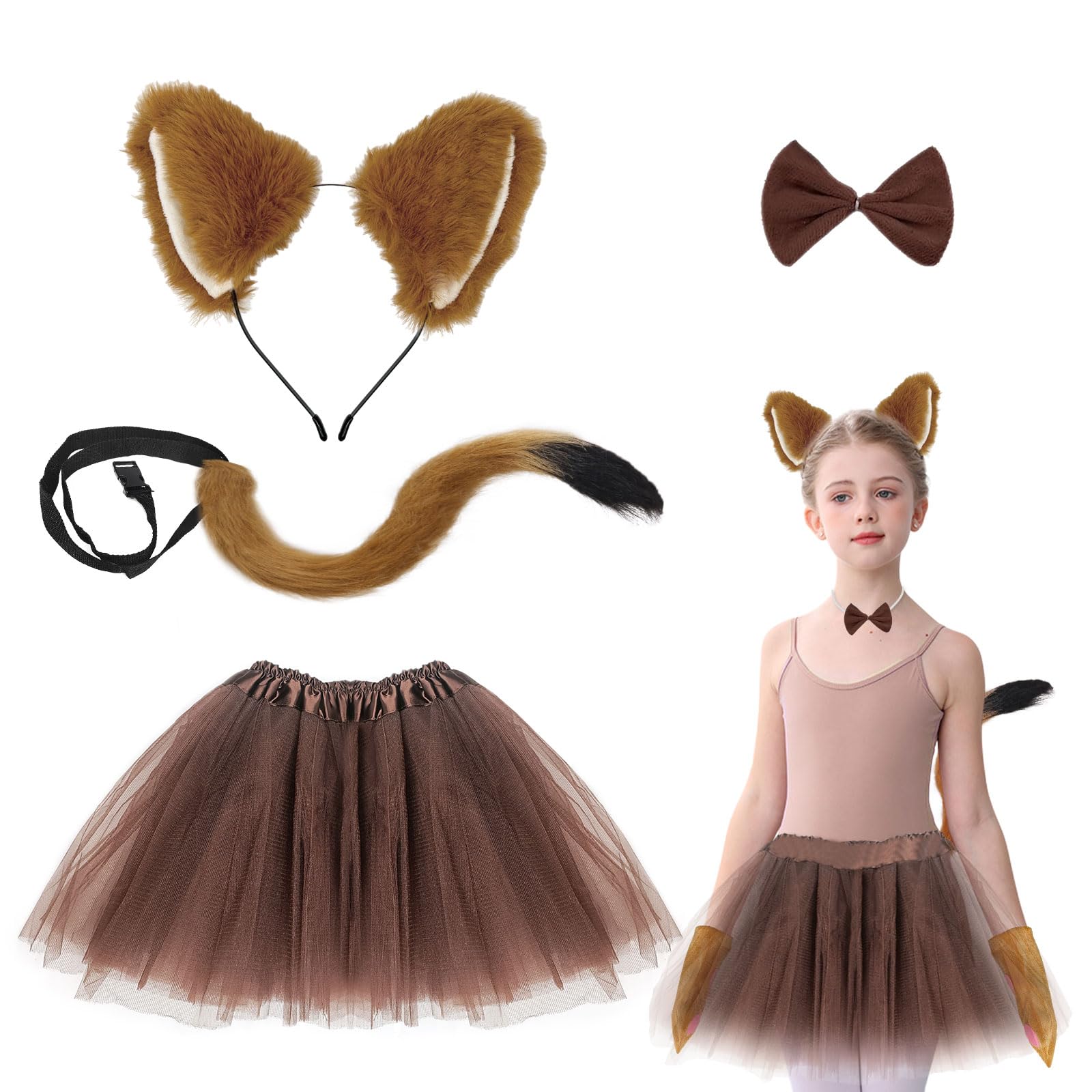UILYNIU 4 Pieces Fox Costume for Kids Faux Ears Headband, Long Tail, Bow Tie, Princess Tutu