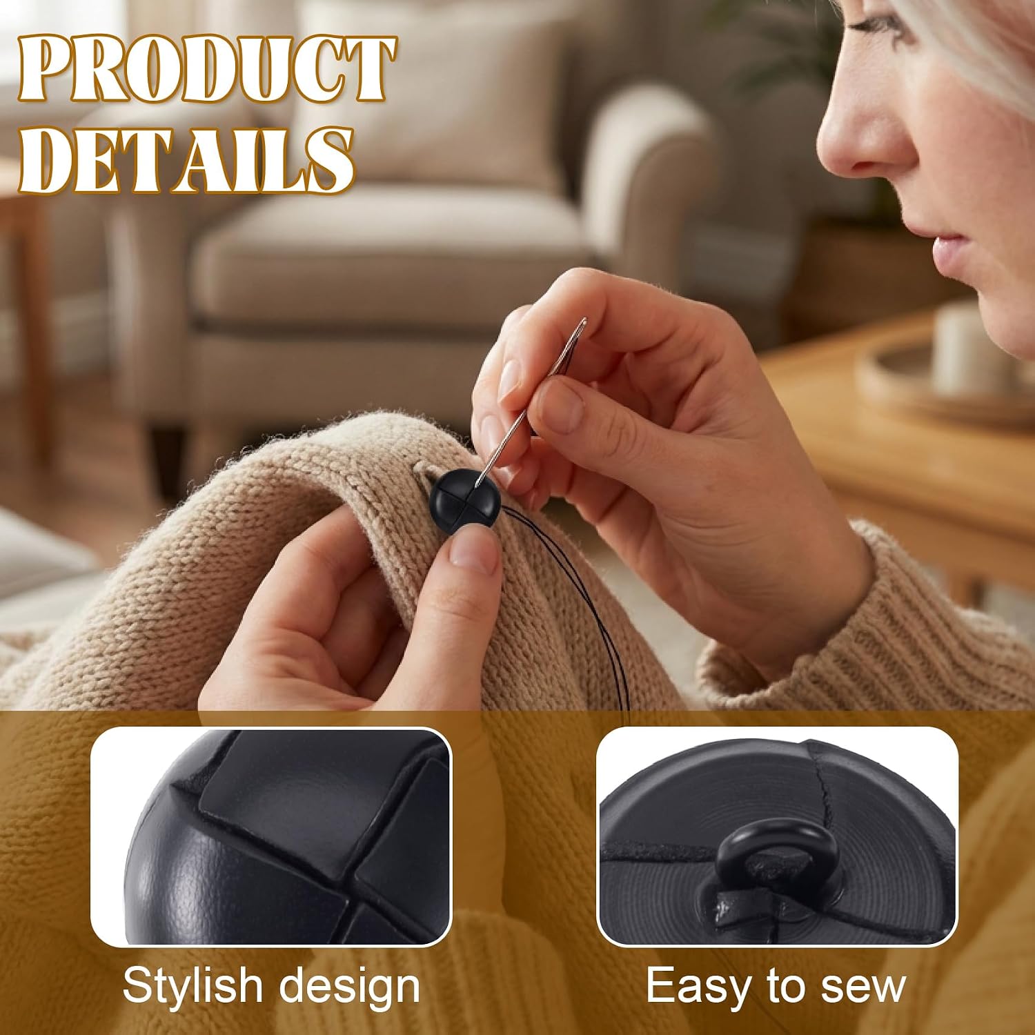 HINZIC 5pcs 20mm Black Leather Buttons for Clothes, Vintage Football Pattern Fasteners with Shank, Sew on Round Upholstery Buttons Sewing Supplies for Coats Jackets Sweaters Dress Jeans Shoes
