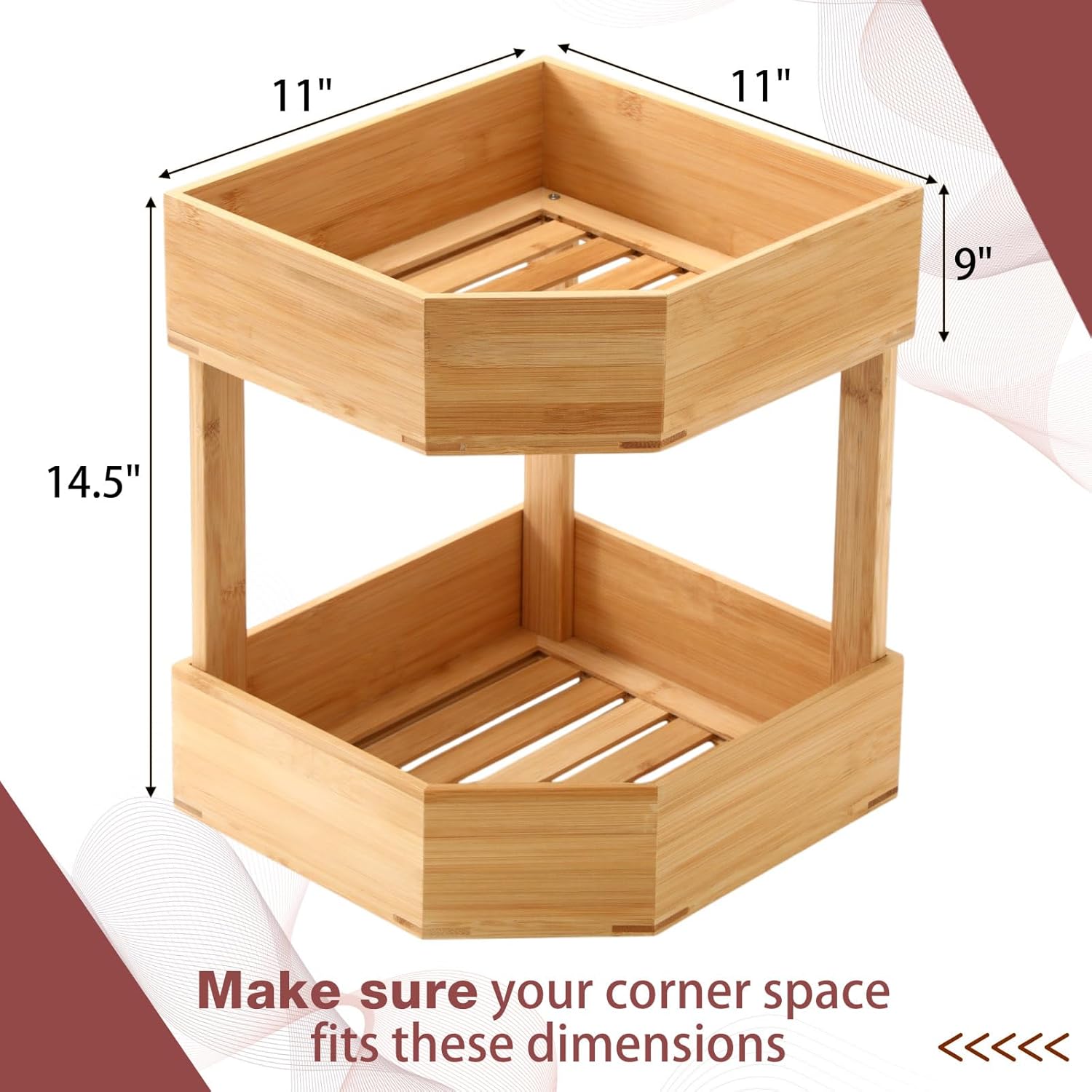 Yerliker 2 Tier Bamboo Corner Shelf Kitchen Fruit Cabinet Organizer Bamboo Corner Fruit Basket for Kitchen Countertop Space Saving Rack Counter Pantry Storage for Vegetables Spice Bottles Plates
