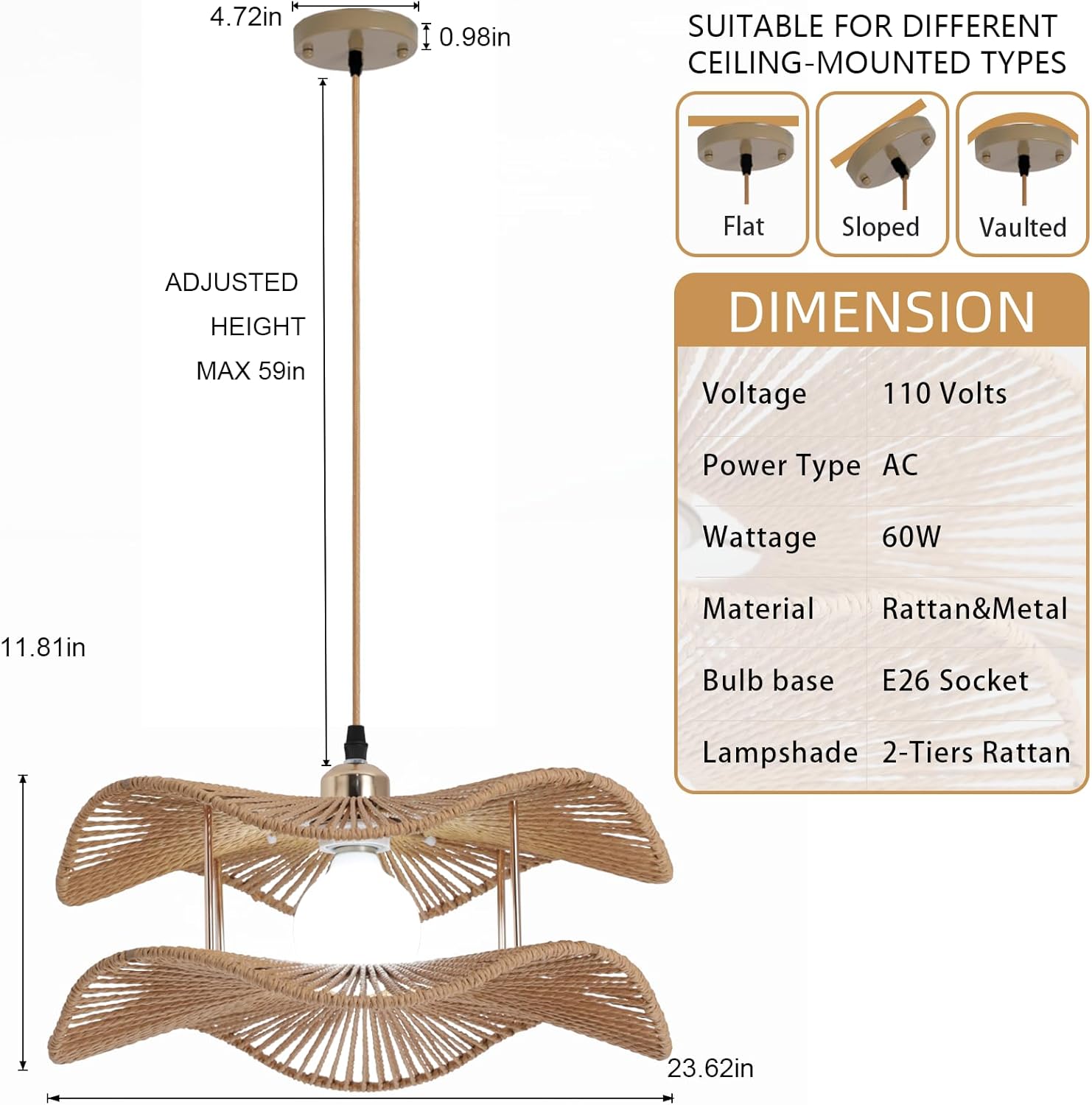 Farmhouse Rattan Pendant Lights 2-Tier Coastal Kitchen Light Over Island 15.8in Boho Rattan Hanging Lighting Wicker Woven Chandelier for Dining Room Bedroom Entryway Restaurant Foyer