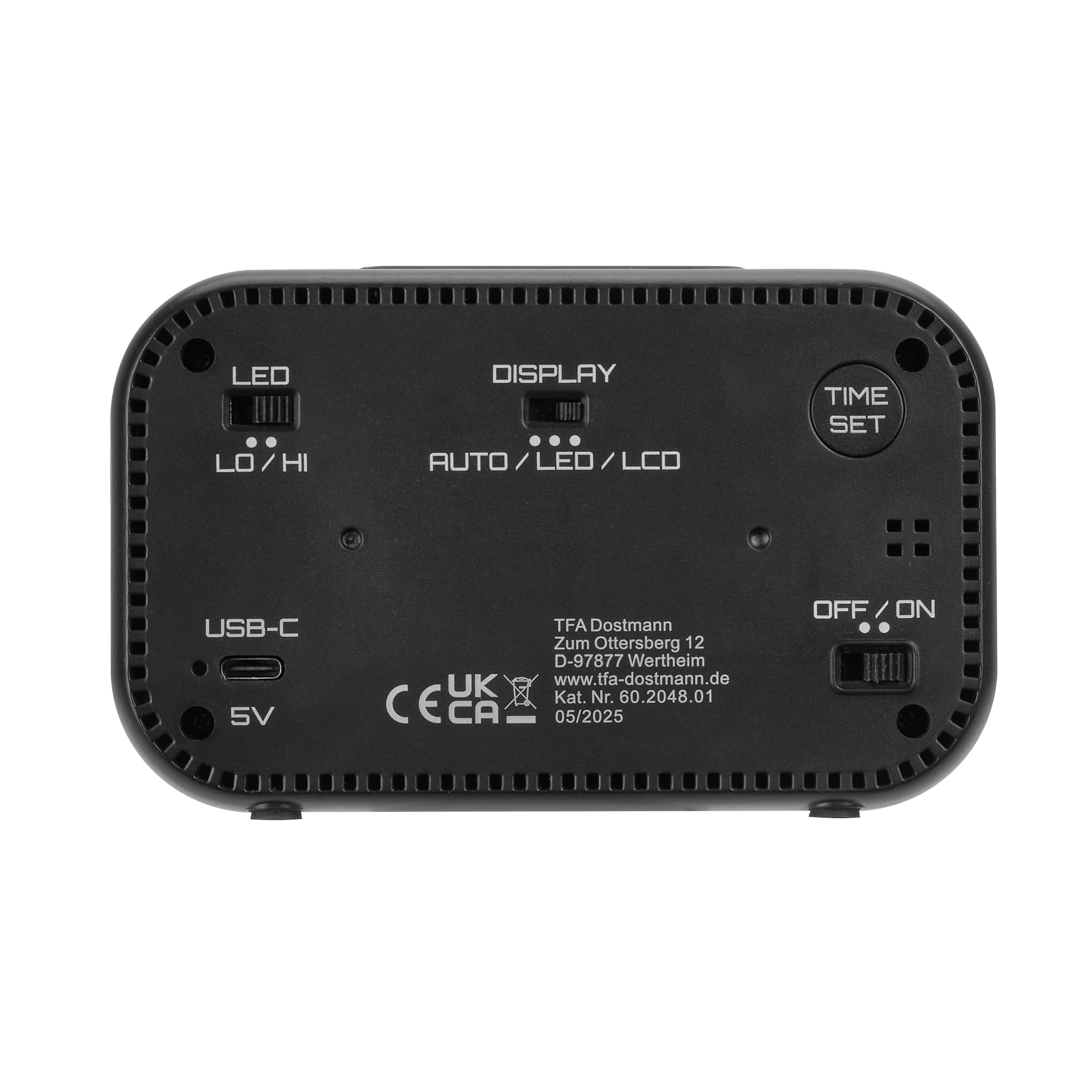 TFA Dostmann Sveglia da comodino digitale BINGO HYBRID con display LCD/LED, 60.2048, sveglia con display ibrido, batteria integrata e cavo USB-C, cambio automatico, data, snooze, nero