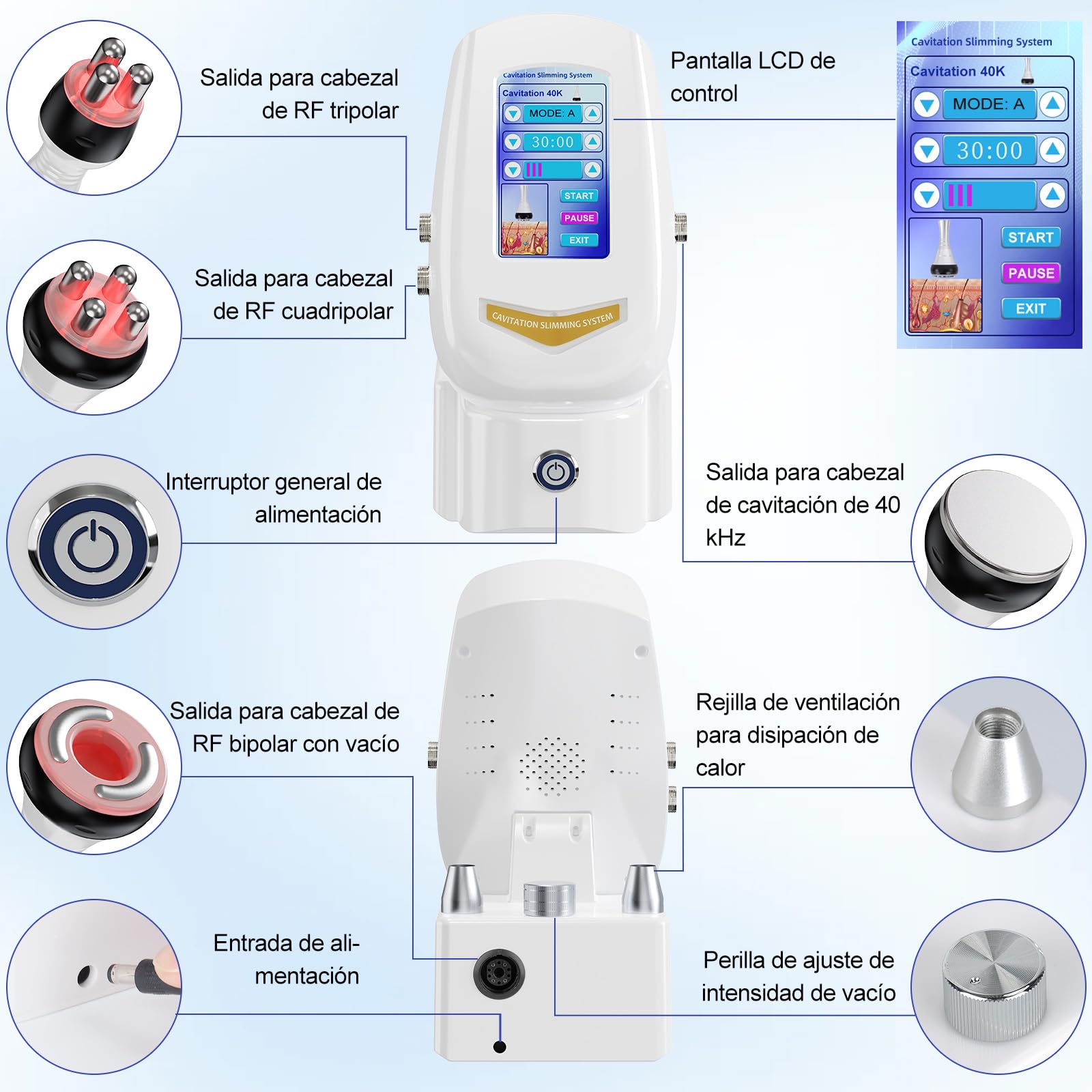 4 en 1 Cavitación 40K Radiofrecuencia Profesional Facial y Corporal | Tratamiento anticelulítico profesional, reafirma la piel y define la silueta, ideal para cuidado facial y corporal en casa