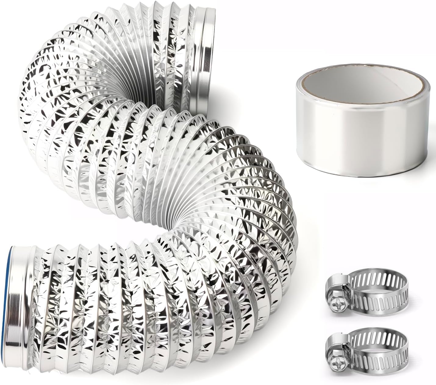 4 Inch 3.3 Feet Flexible Aluminum Foil Duct Hose Kit - Range Hood Ventilation Duct with 2 Large Clamps & Aluminum Foil Tape, for Kitchen Exhaust Fan, HVAC, Dryer Vent