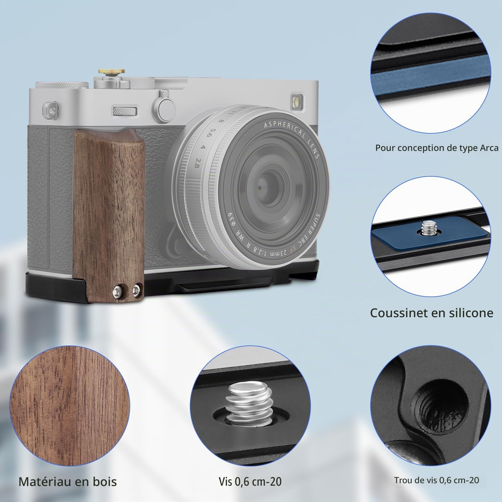 Haoge X-E5 HG-XE5-B Poignée en bois pour appareil photo Fujifilm XE5 Poignée en forme de L avec plaque de dégagement rapide Arca-Swiss System Trépied supplémentaire 1/4 trou Noir