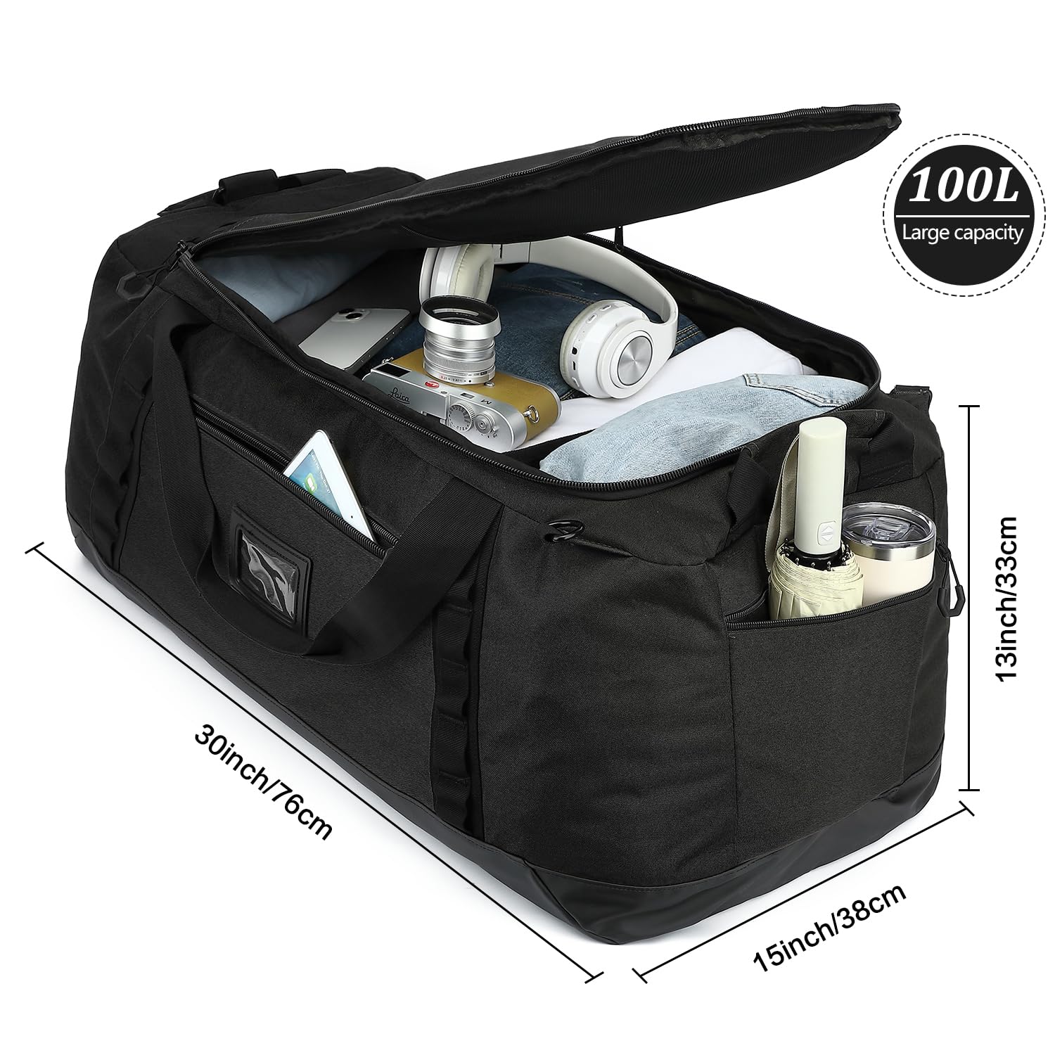 TUGUAN Reisetasche Groß XL Weekender Reise-Rucksack für Herren Damen Wasserdicht Extra großes Gepäck Handgepäck Tasche für Urlaub Camping Sport Duffel Bag 100 Liter, Schwarz