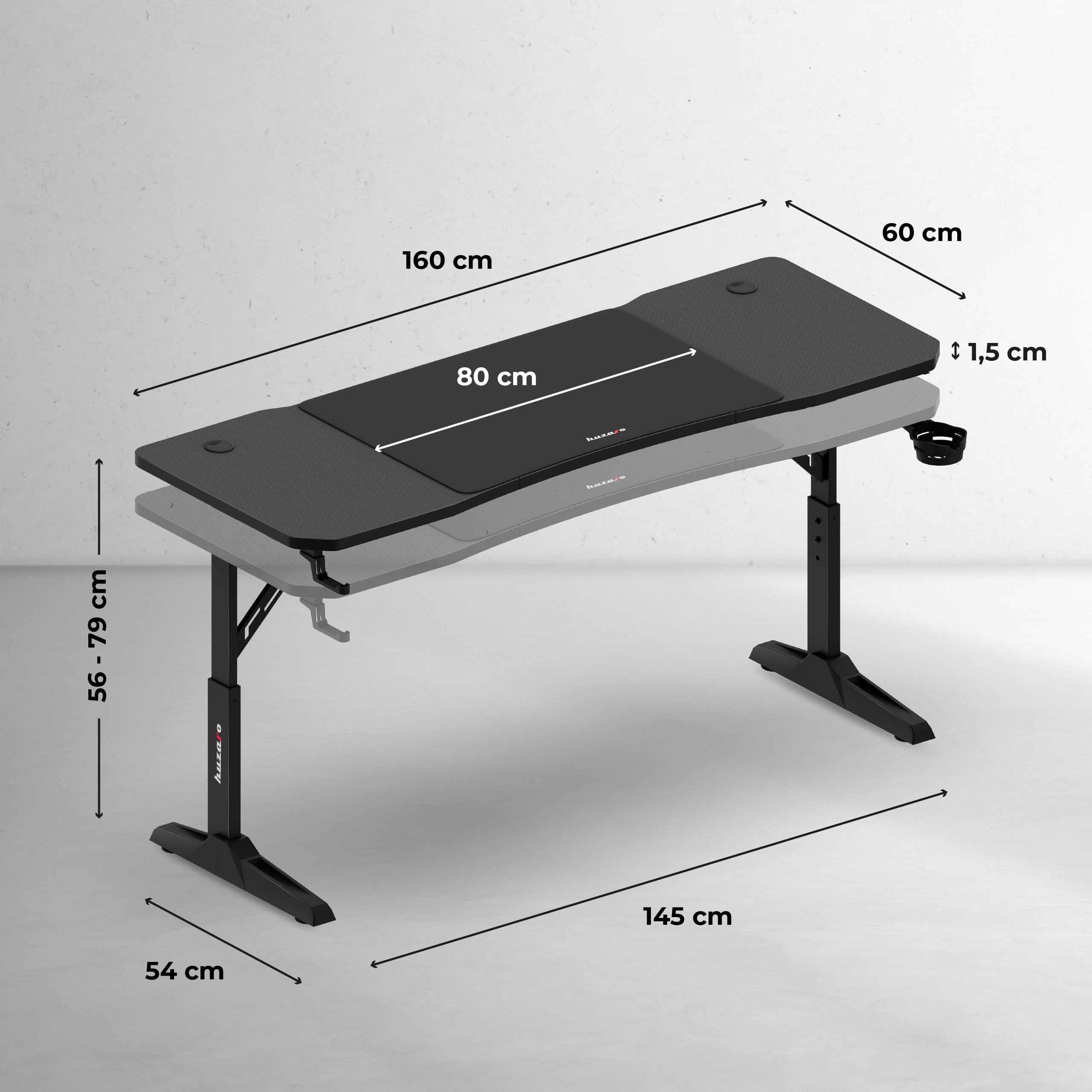 huzaro Hero 4.6 Gaming Tisch höhenverstellbar, Schreibtisch 160x60 cm | mit Carbon Oberfläche, Kabelmanagement, Getränkehalter & Kopfhörerhalter, PC Tisch Büro Home Office, Schwarz