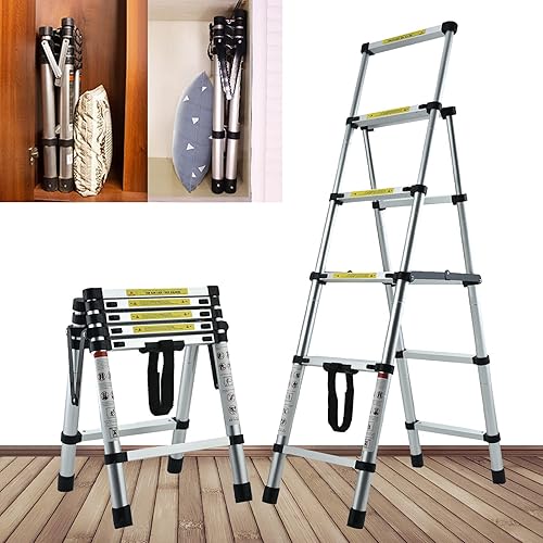 Miniatura 141 de Escaleras telescópicas de extensión de 10.5 pies, 330 libras, carga máxima para ático loft RV techo, oficina en casa, aluminio ligero, fácil