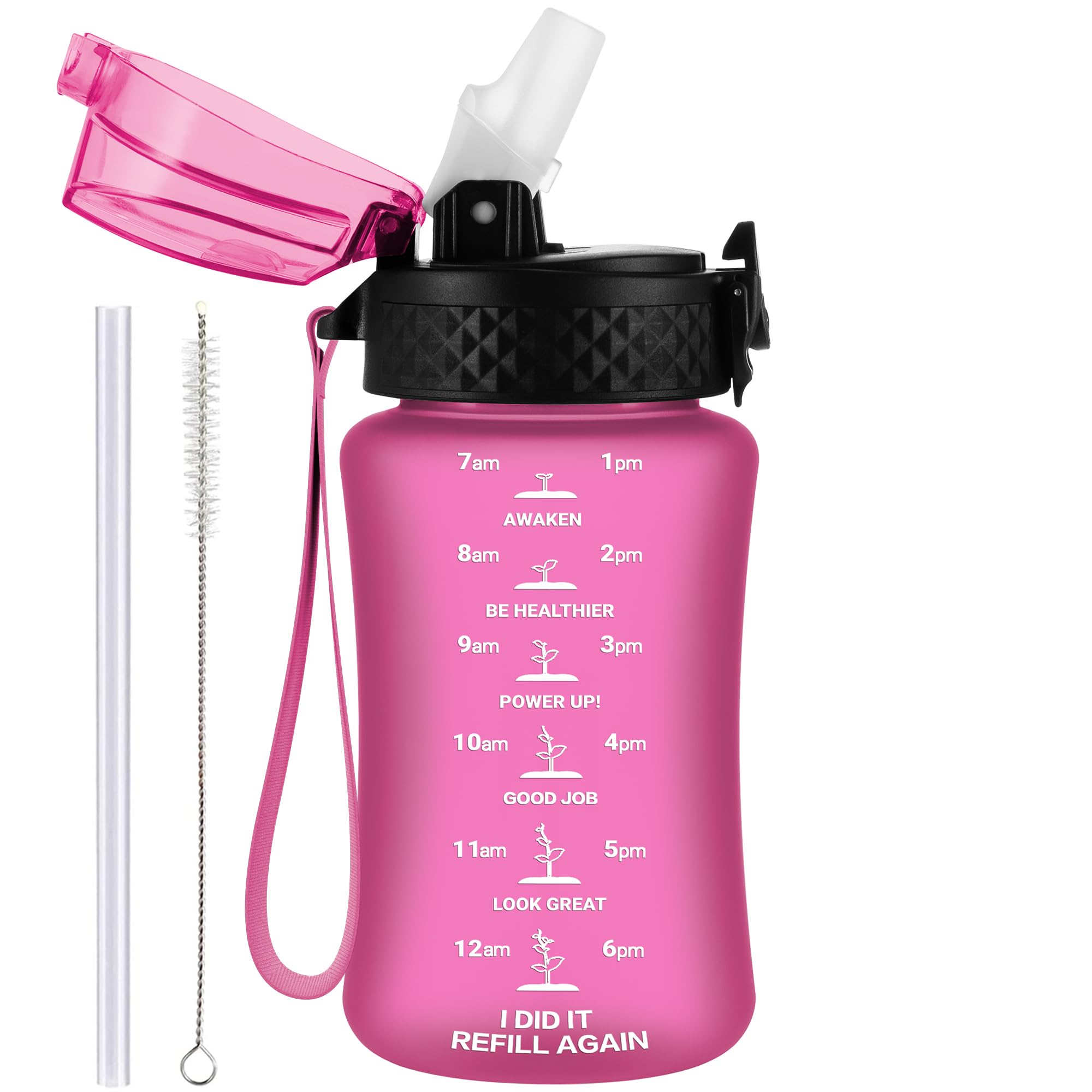 GOPPUS 350ml/12oz Kids Water Bottle With Straw Tritan Drinks Bottle with Strap Small Toddler Juice Bottles with Flip Top Lid Leakproof Children's Cup with Time Marking BPA free Girl Boy (Rose)