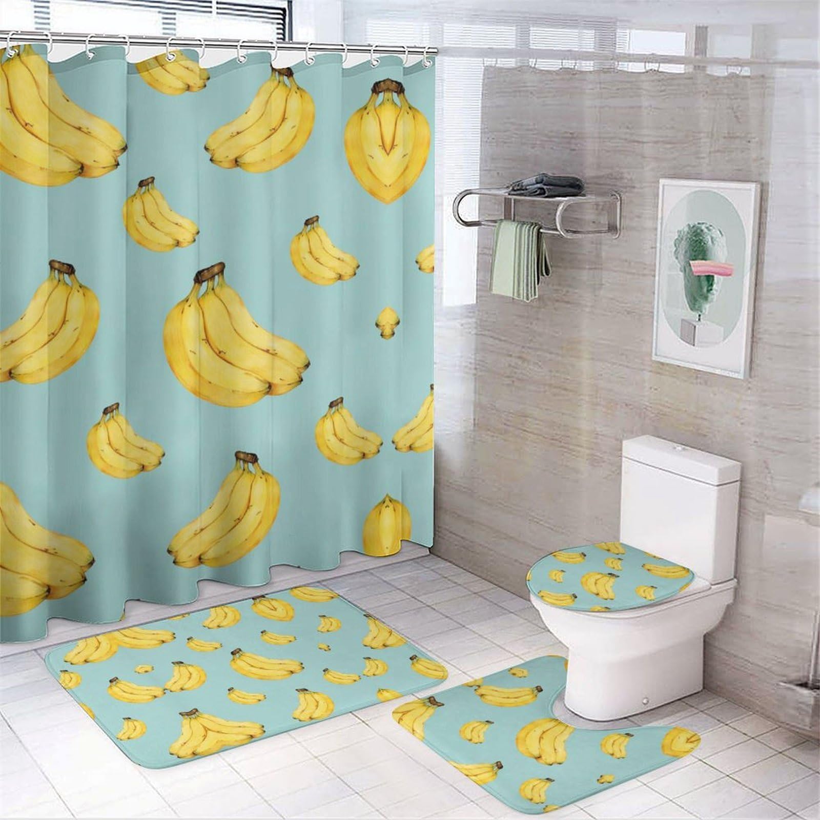 JiuPopular Bathroom Mat Set 4 Piece, Cartoon Bananas Shower Curtain with Non-Slip Bath Mats for Bathroom