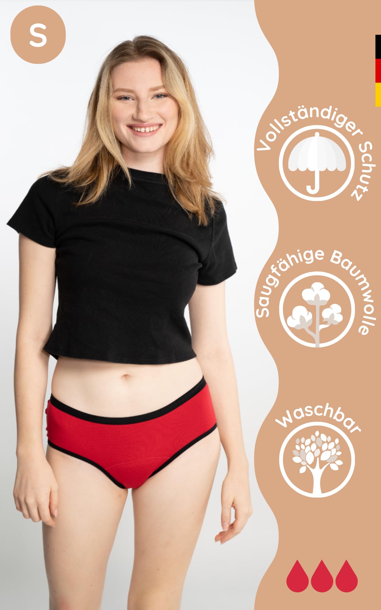 NoBlood - 4er Pack Periodenunterwäsche Shorty-Stil - Starter Set Sparpack (2X Schwartz 1x Rot - 1x Nude) Starke Blutung XXS/4XL Baumwolle waschbar | Menstruationsslip bequem