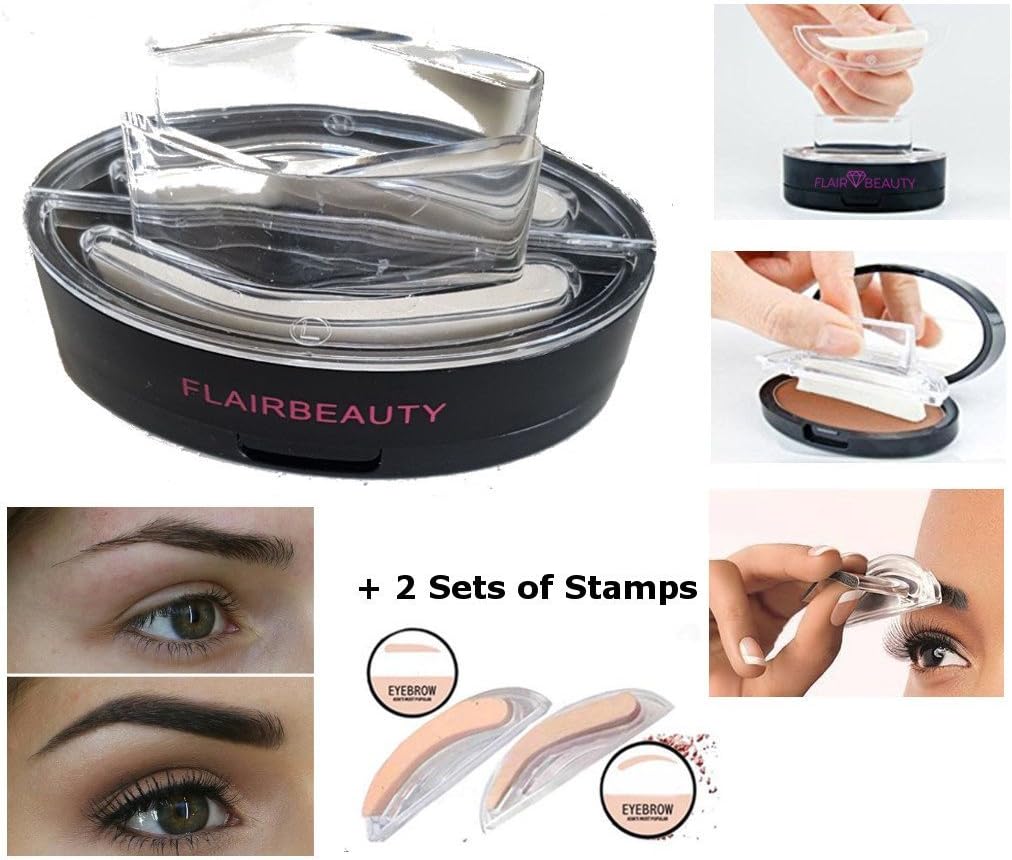 Eyebrow Stamps by FLAIRBEAUTY - Waterproof Eyebrow Stamp for Blonde to Light Brown - Eyebrow Powder Seal Stamp Stencils Kit + 2 Sets Stamps Different Shapes Included - Long-lasting, Easy to Apply