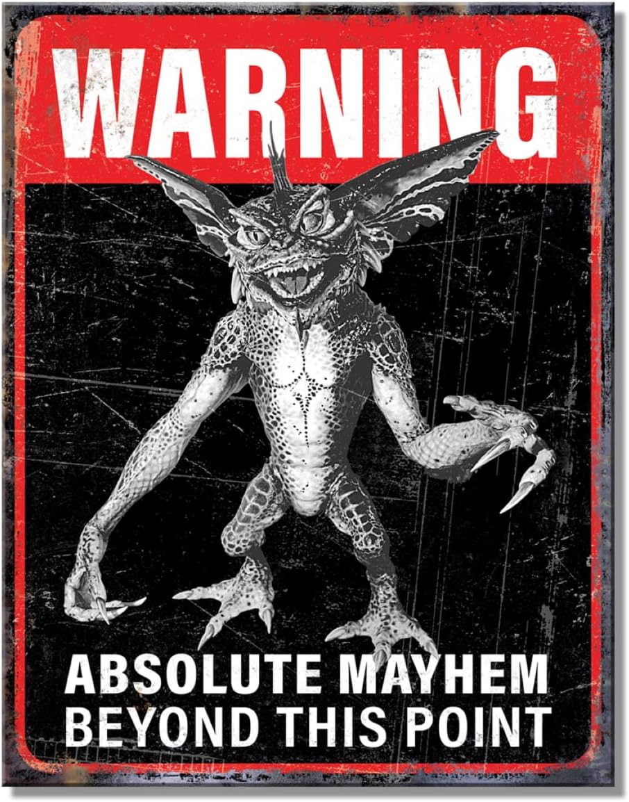 Gremlins Warning Absolute Mayhem Beyond This Point Tin Sign - Nostalgic Vintage Metal Signs - Made in the USA