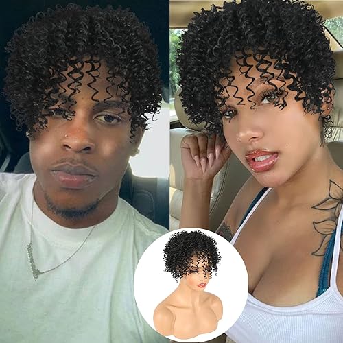 Miniatura 3 de Oseti Pieza de pelo corto negro afro rizado rizado para mujer, piezas de cabello sintético con clip para mujeres con cabello fino, pelucas negras