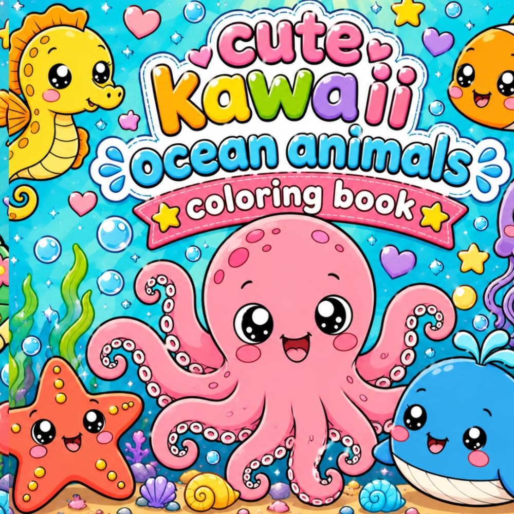 CUTE kawaii ocean animals , Coloring book: "30 Adorable Sea Creature Designs with Big Bold Lines for Kids, Beginners & Adults Who Love to Color"