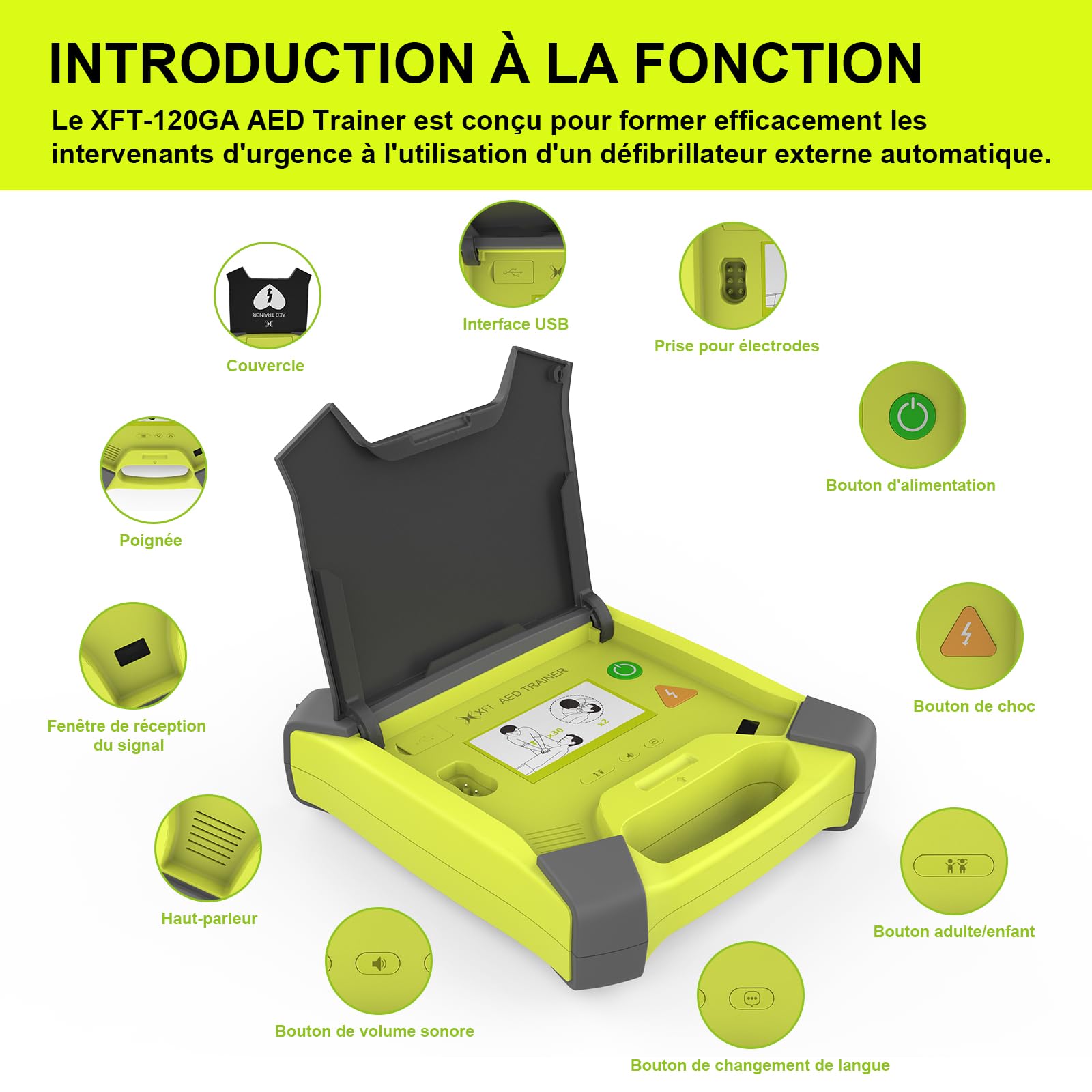 AED Trainer, Desfibrilador Entrenamiento Voz en Español, Italiano, Alemán, Francés, Mando a Distancia, Entrenamiento DESA con 8 Escenarios, Products de Formación Desfibrilador (XFT 120GA)