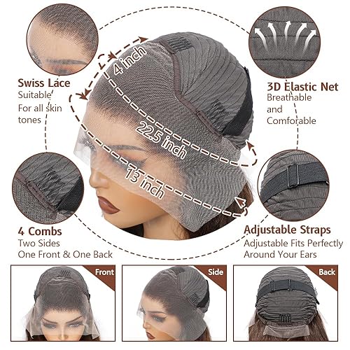 Miniatura 4 de Pelucas de cabello humano ondulado de 22 pulgadas, densidad del 180 %, 13 x 4 HD, predepiladas, con encaje frontal, sin pegamento, color marrón para