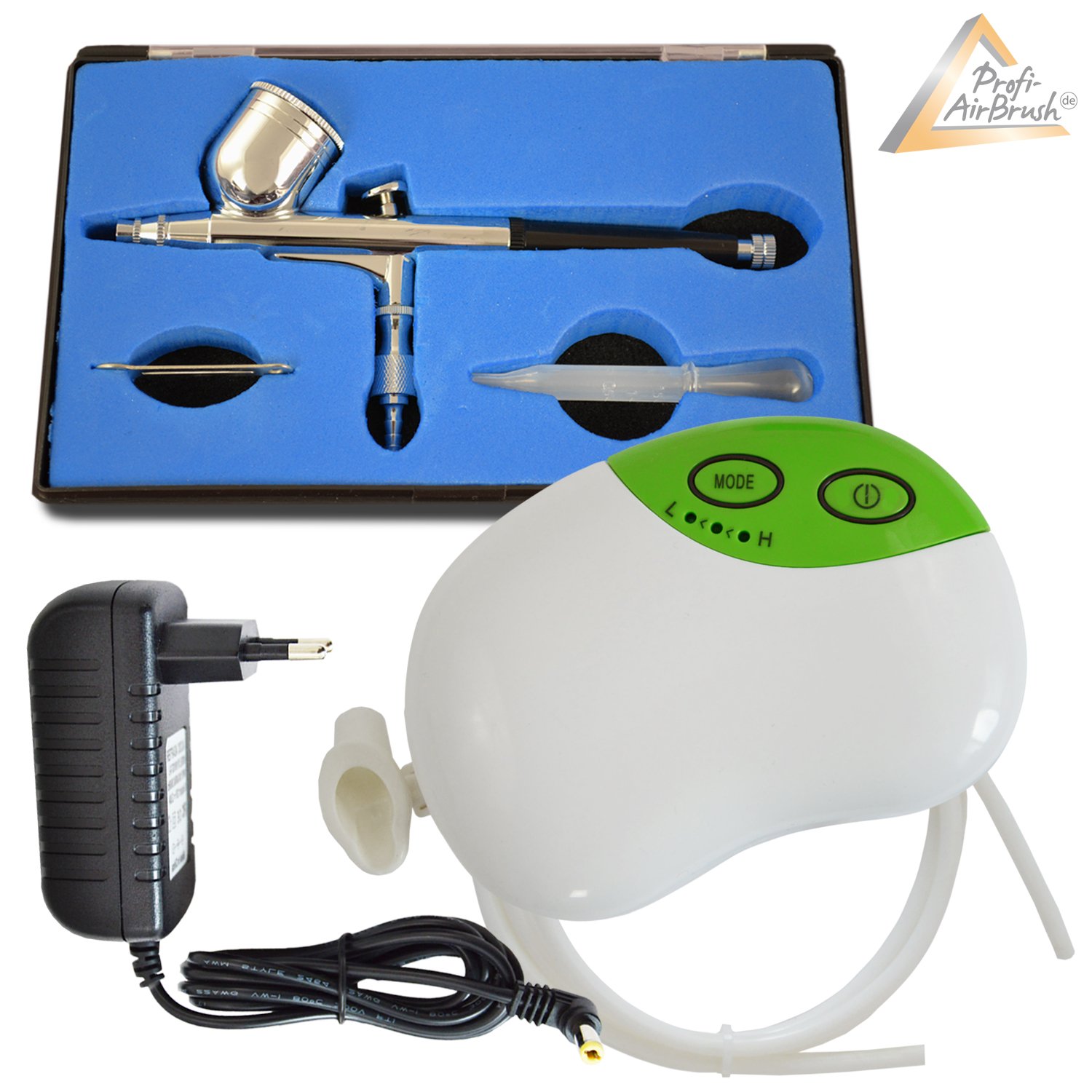 Airbrush Mini Kompressor Set Carry III-mit Airbrush Farben 6er Set für Tattoo!- Airbrush Kompressor für Airbrushfarben Airbrushpistole Single-Action-Gun 207 D 0,3 Düse
