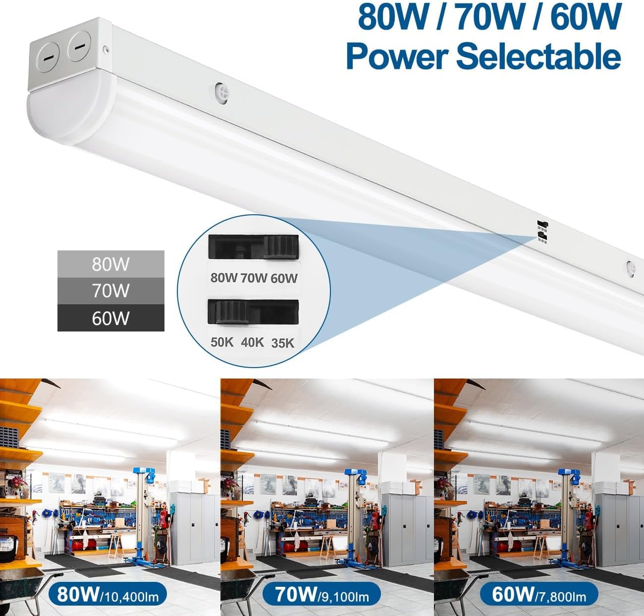 DAKASON 8FT LED Linear Light Fixture, 8 Foot LED Shop Lights 80/70/60W 35/40/5000K CCT Selectable, 8 Feet Commercial Bay Lighting Fluorescent Tube Replacement for Garage Warehouse 1 Pack